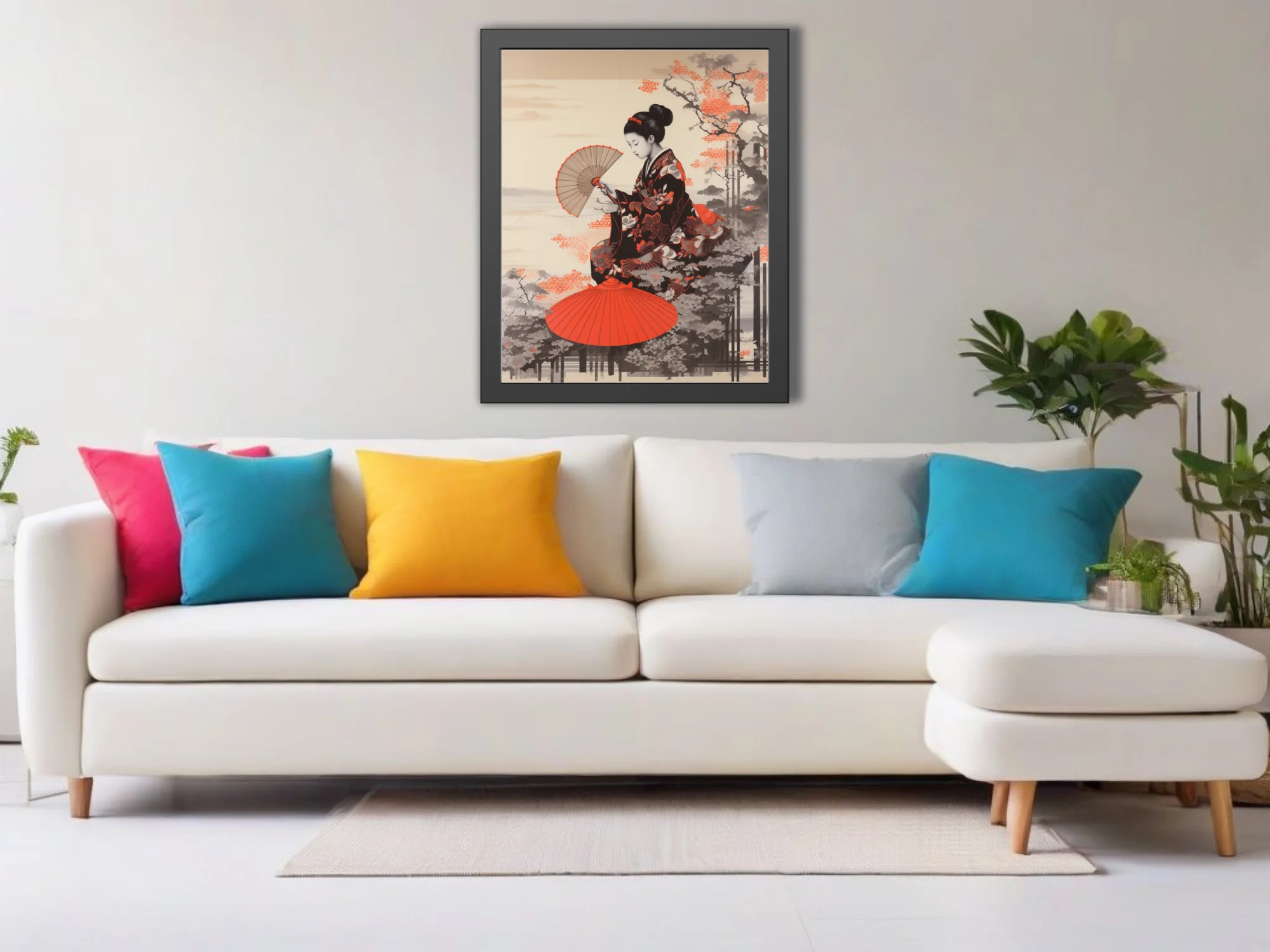 Japanese woodblock-style woman in kimono with fan, red and black ink-wash tones