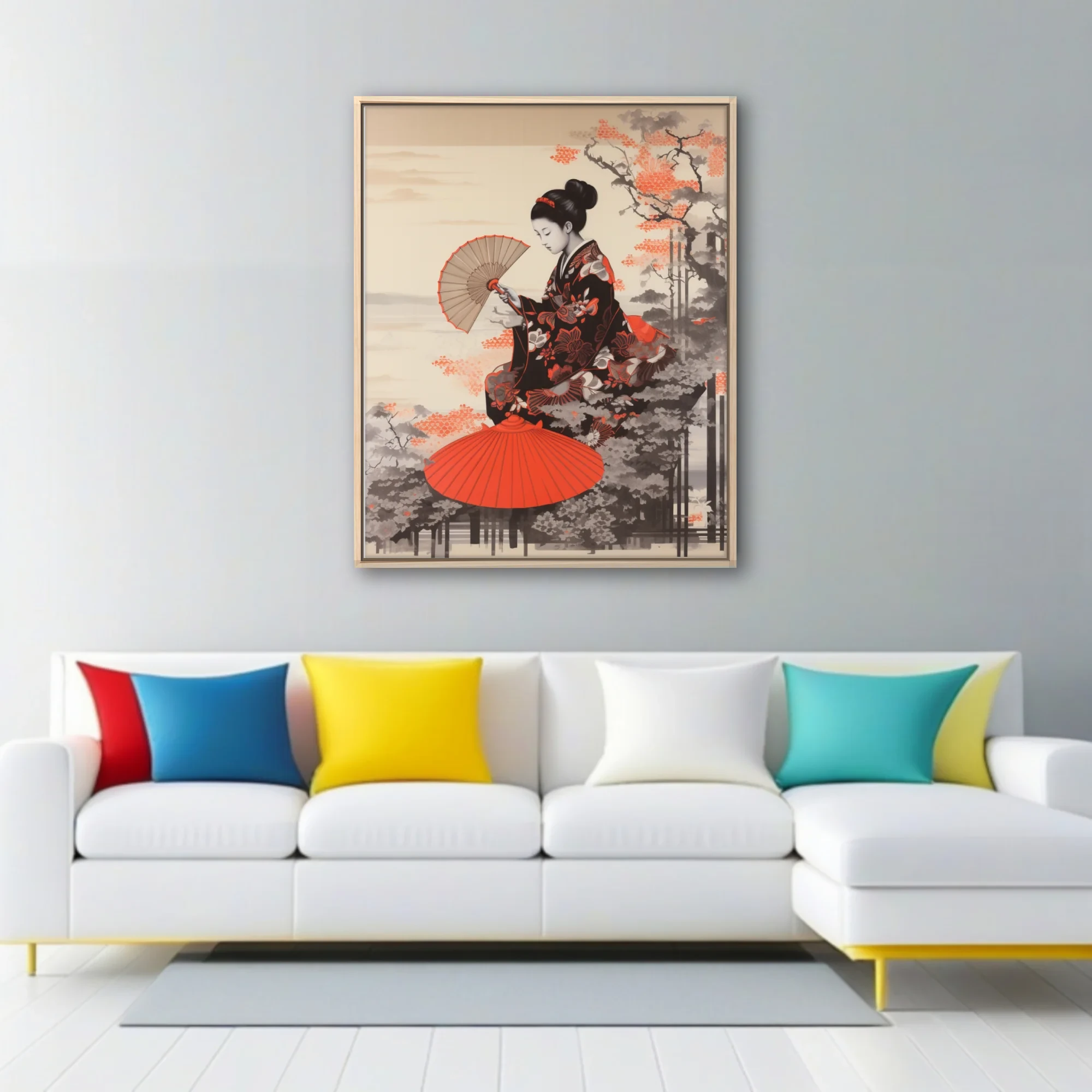 Japanese woodblock-style woman in kimono with fan, red and black ink-wash tones