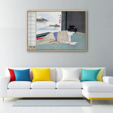Ukiyo-e-style Japanese woman in kimono reclining and reading, muted tones