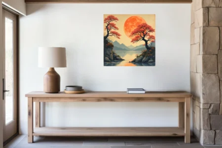 Japanese-style landscape with oversized orange moon, red trees, and mountain lake