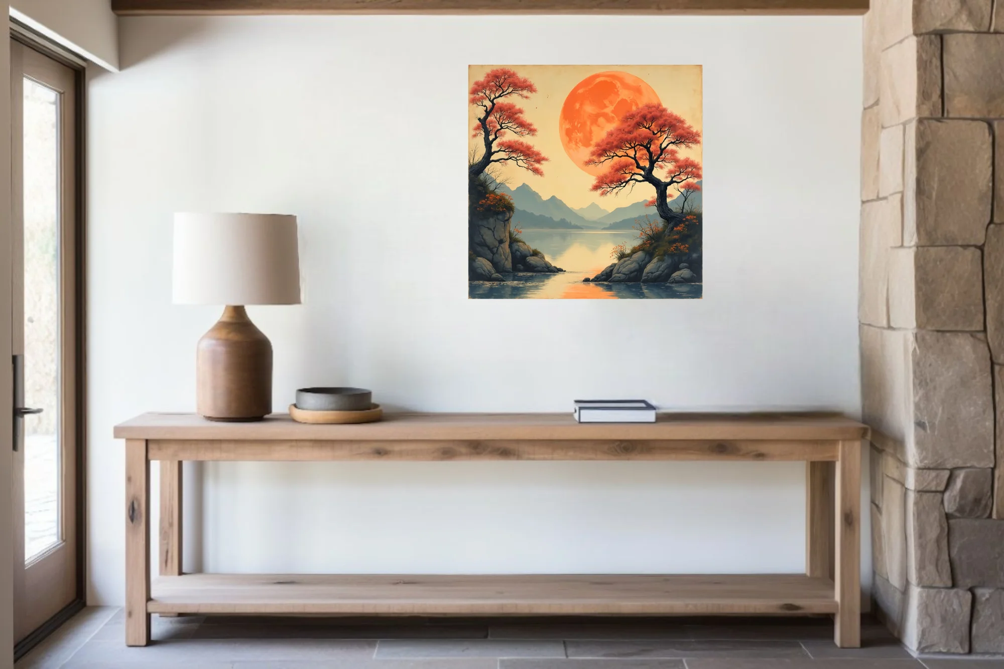 Japanese-style landscape with oversized orange moon, red trees, and mountain lake