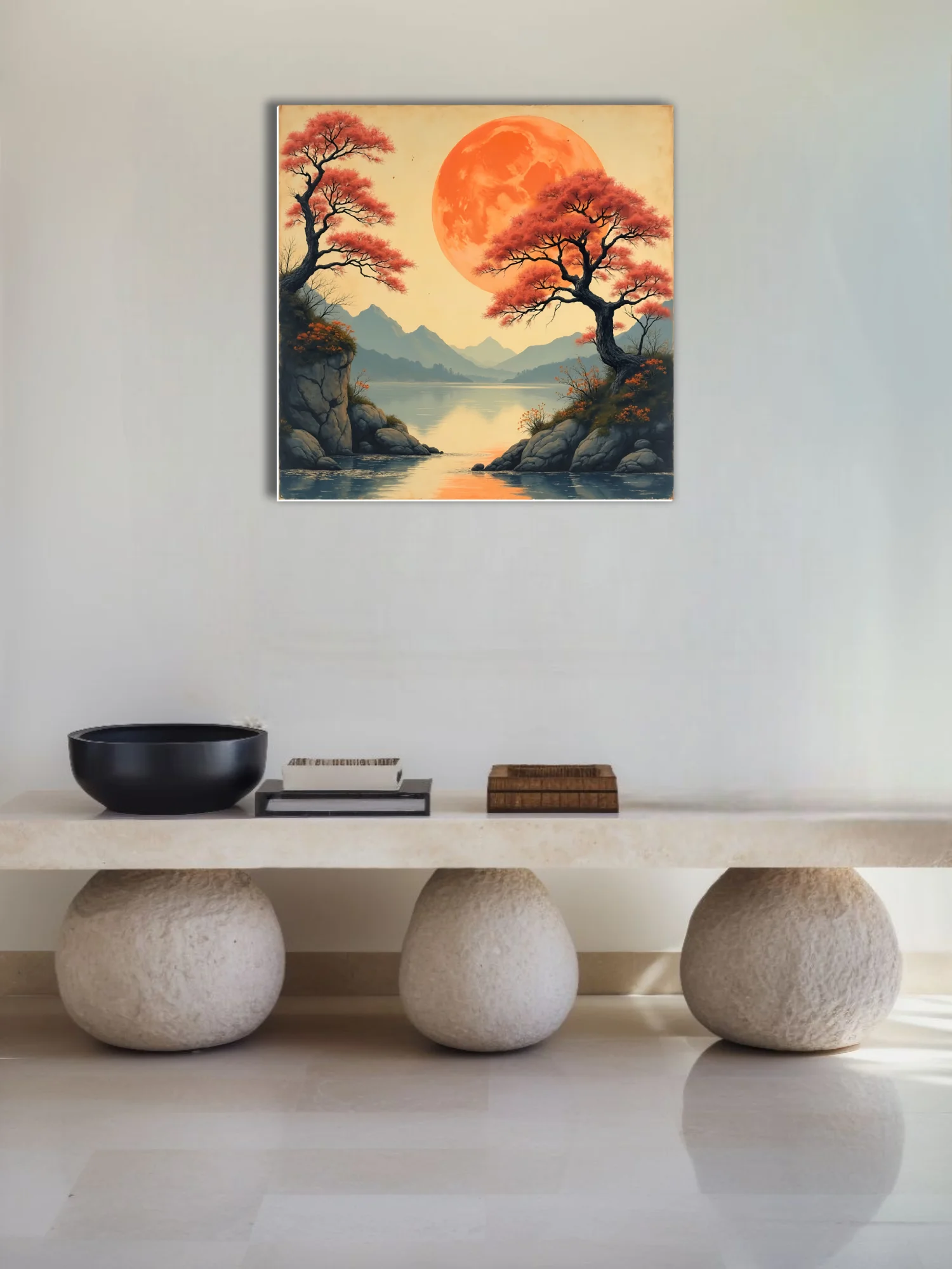 Japanese-style landscape with oversized orange moon, red trees, and mountain lake