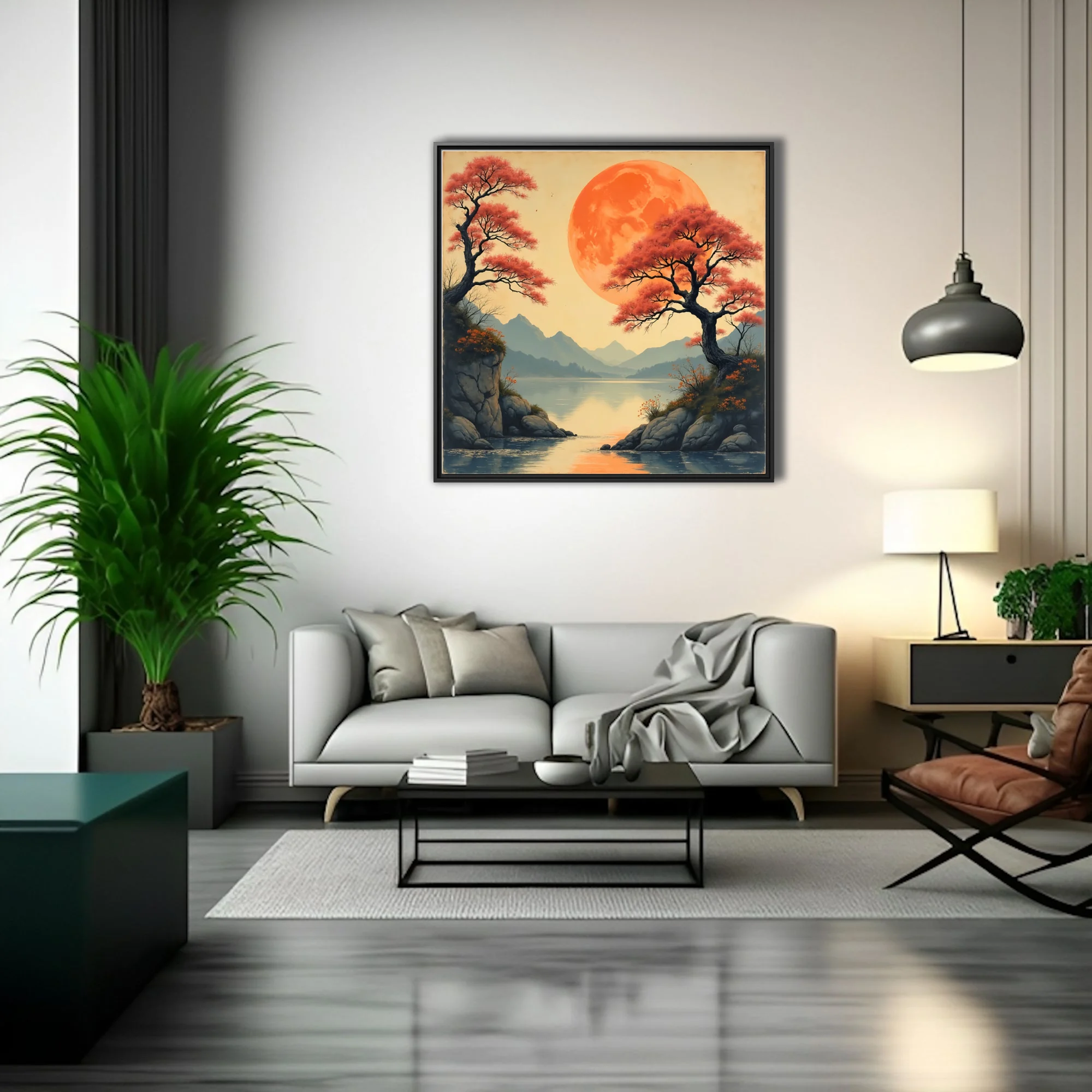 Japanese-style landscape with oversized orange moon, red trees, and mountain lake