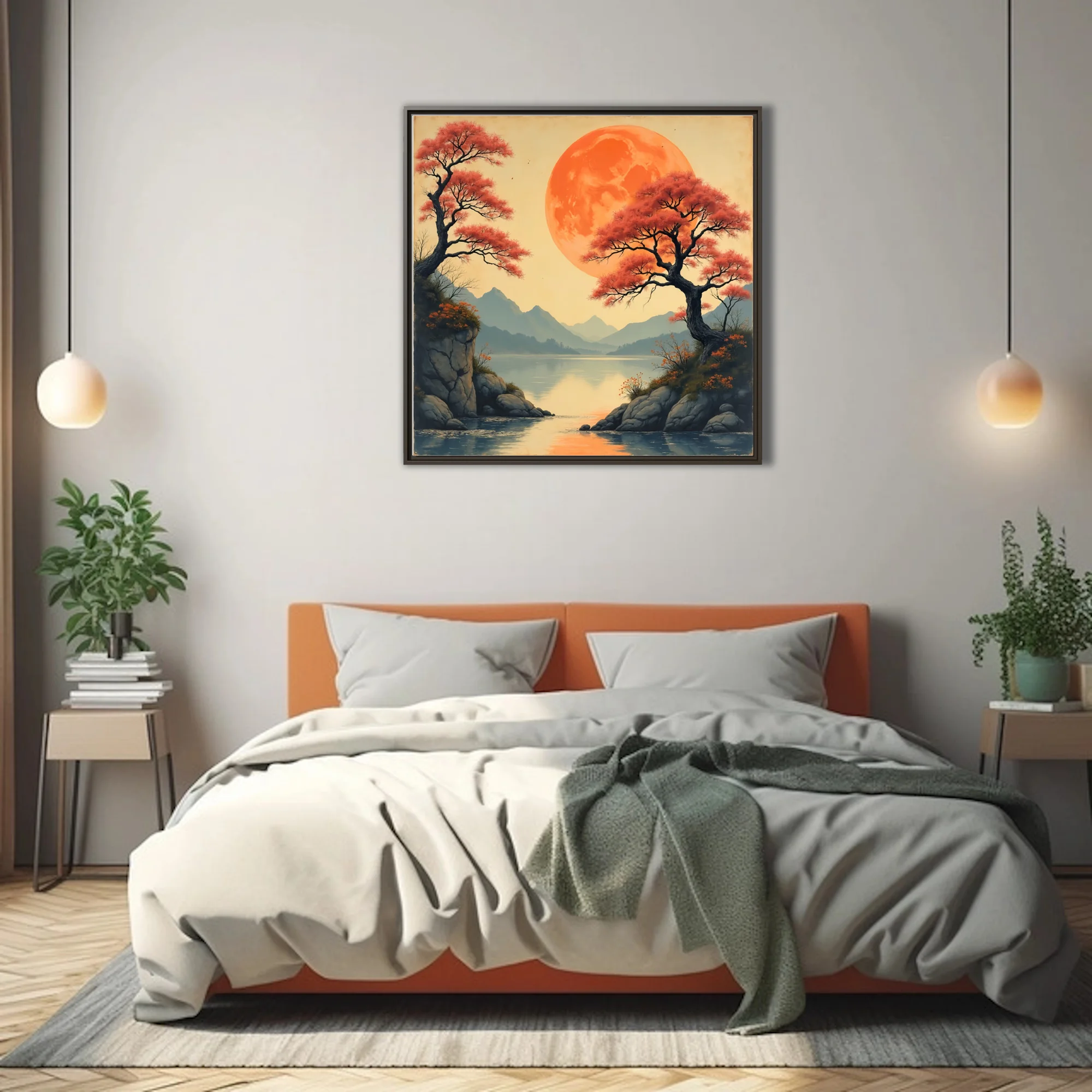 Japanese-style landscape with oversized orange moon, red trees, and mountain lake