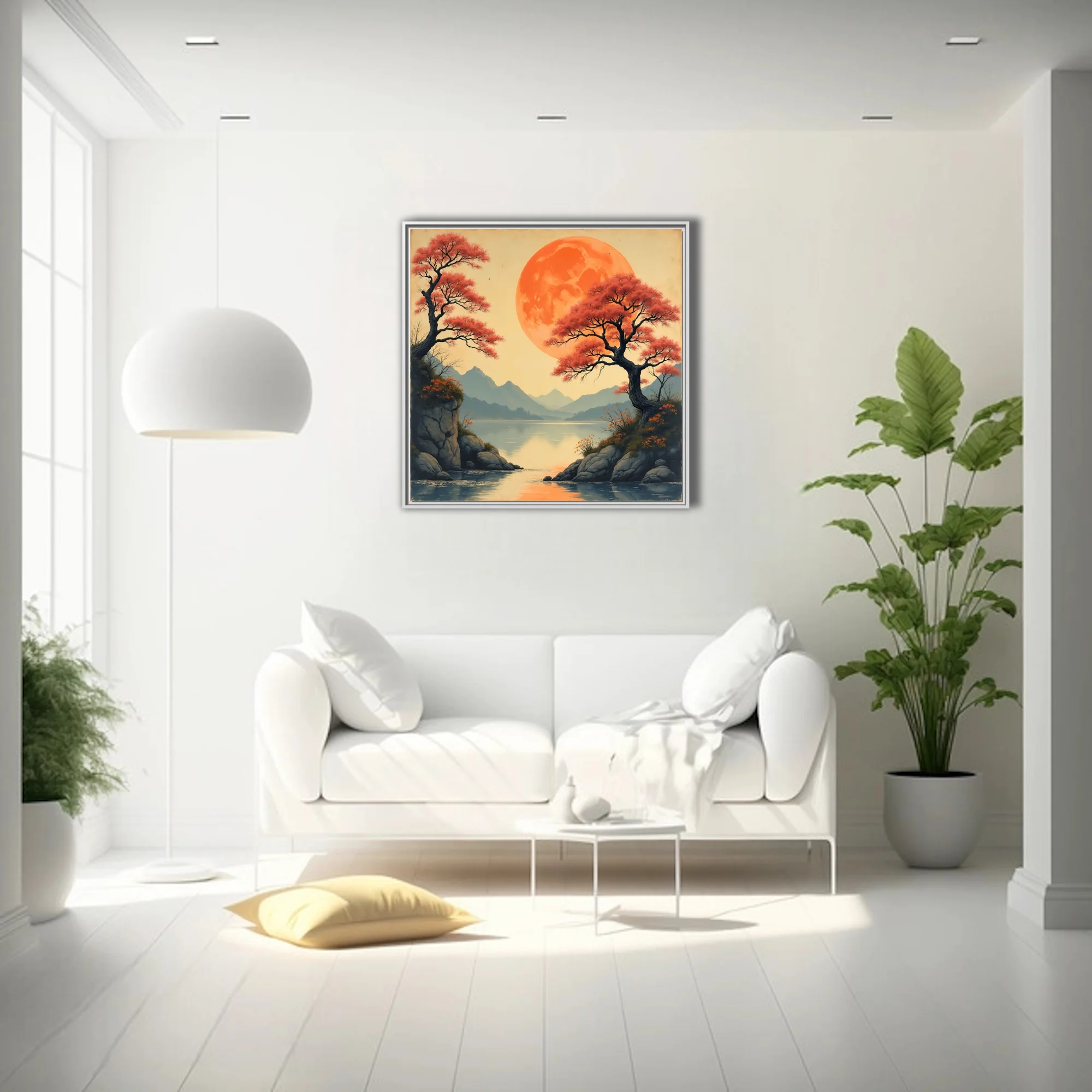 Japanese-style landscape with oversized orange moon, red trees, and mountain lake