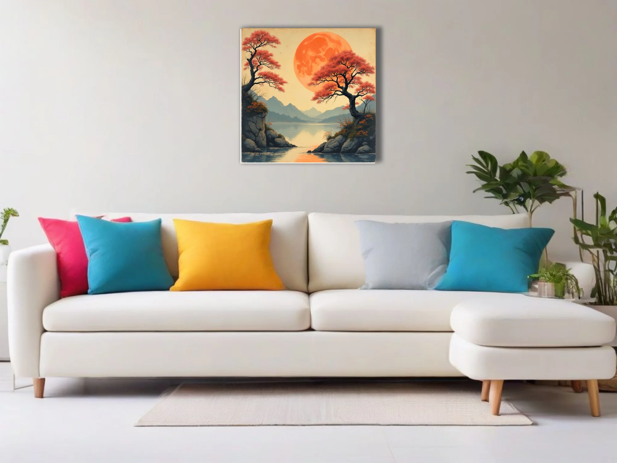Japanese-style landscape with oversized orange moon, red trees, and mountain lake