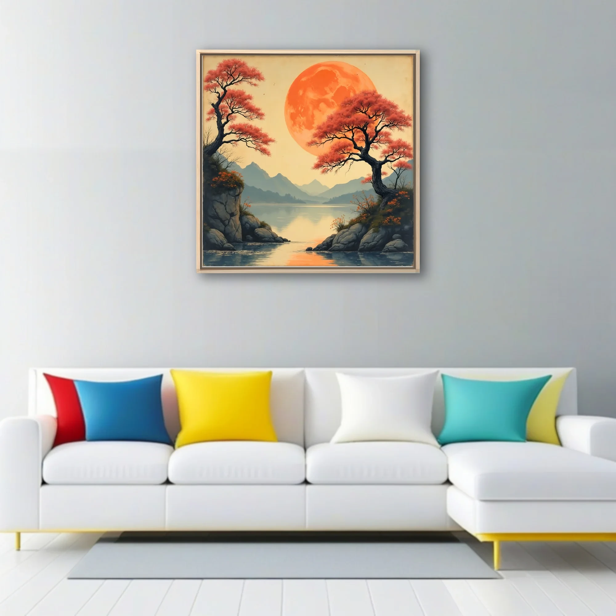 Japanese-style landscape with oversized orange moon, red trees, and mountain lake