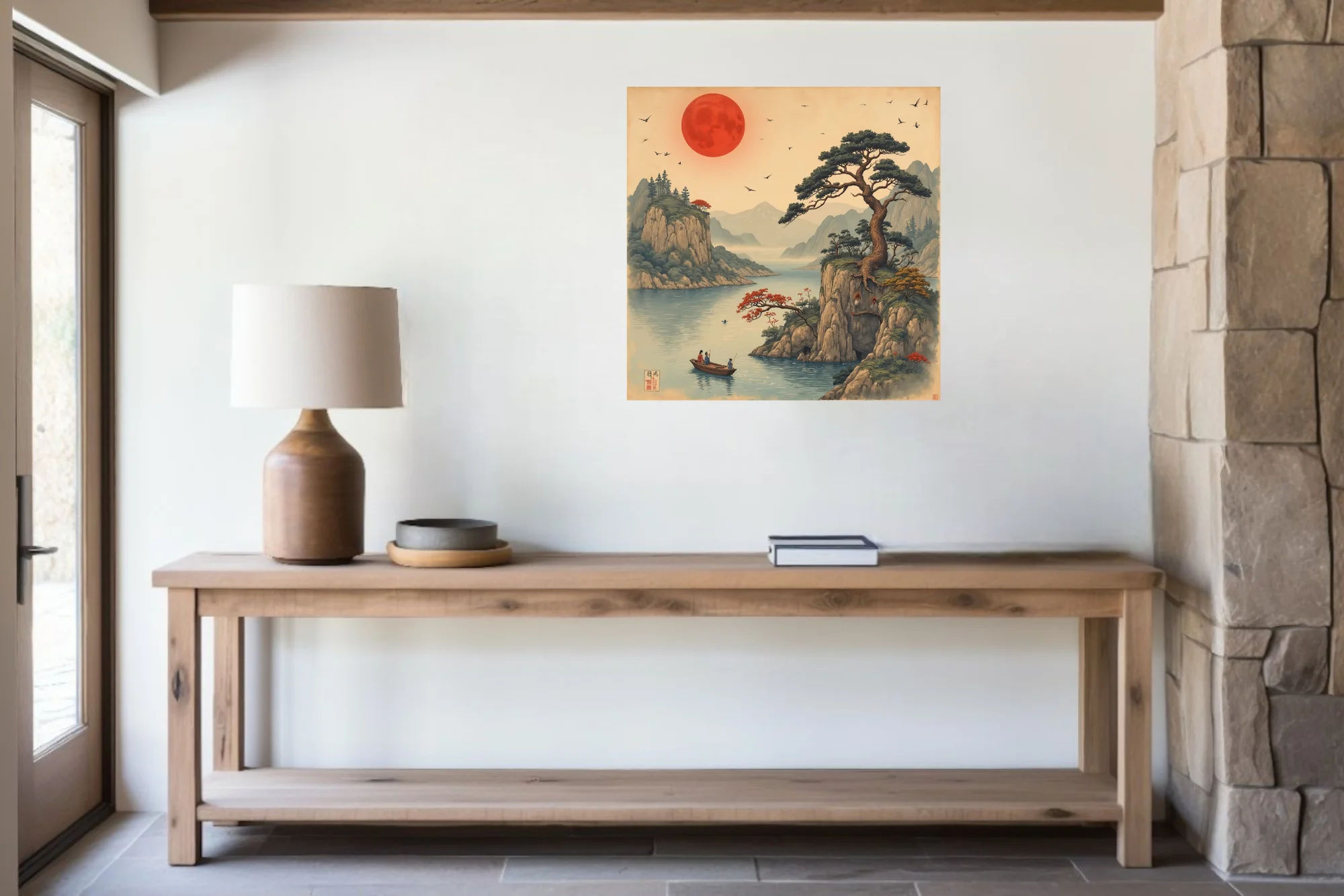 Ukiyo-e-style Japanese landscape with red celestial orb, pine, cliffs and figures in a boat