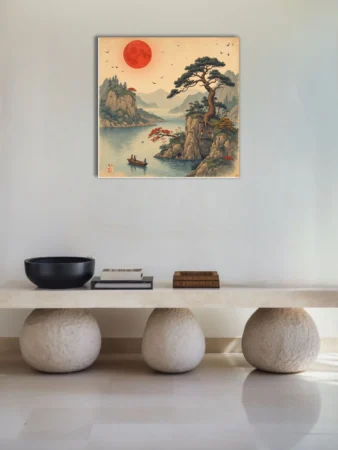Ukiyo-e-style Japanese landscape with red celestial orb, pine, cliffs and figures in a boat