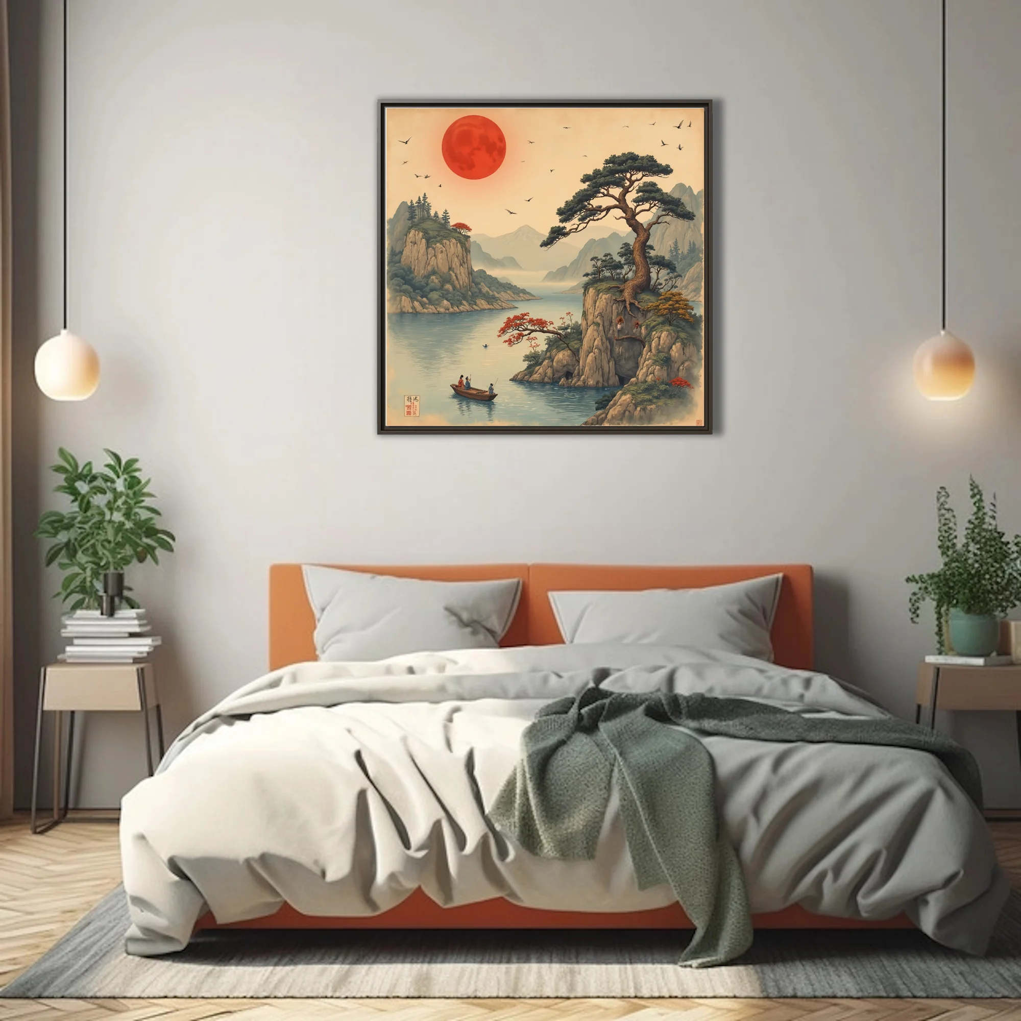Ukiyo-e-style Japanese landscape with red celestial orb, pine, cliffs and figures in a boat