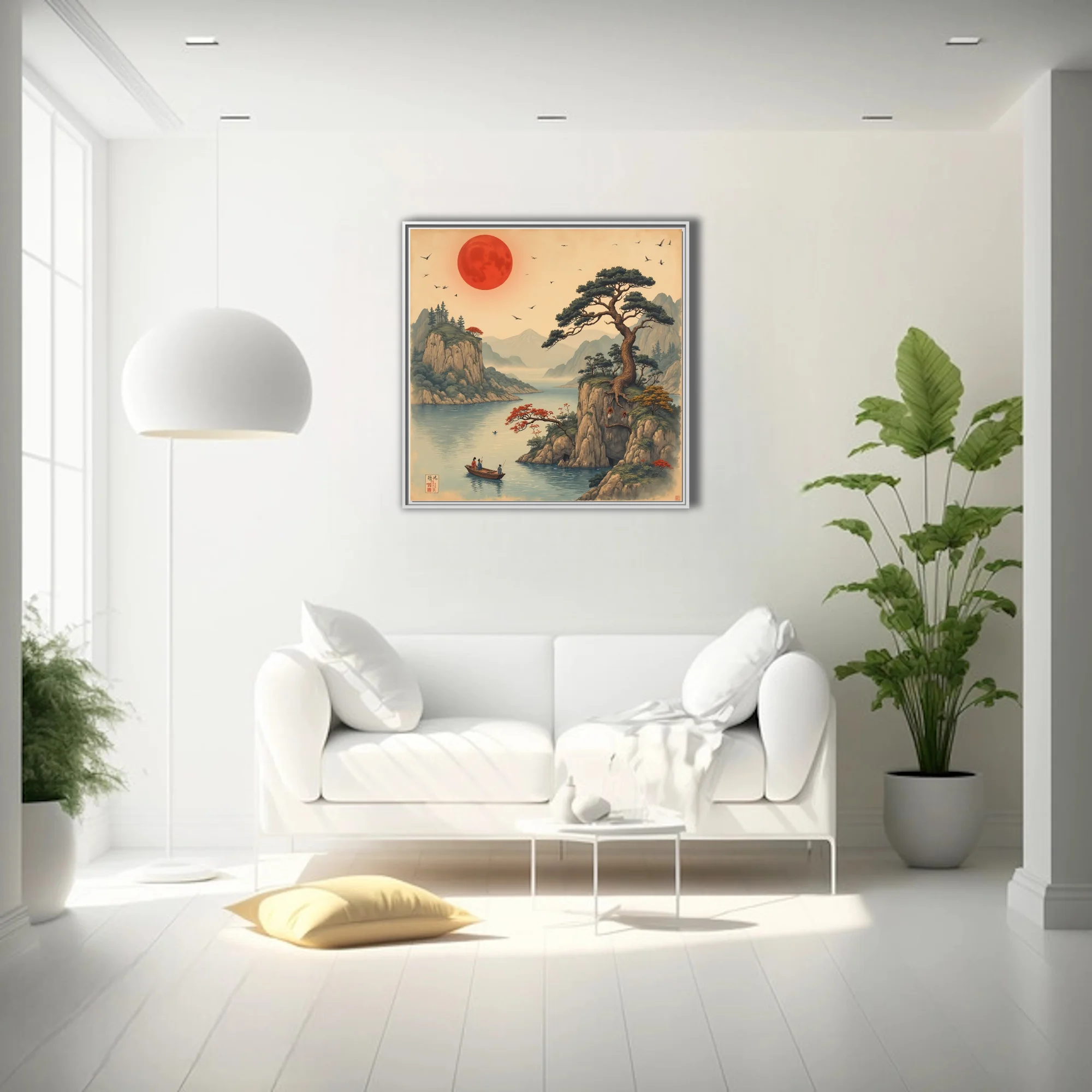Ukiyo-e-style Japanese landscape with red celestial orb, pine, cliffs and figures in a boat
