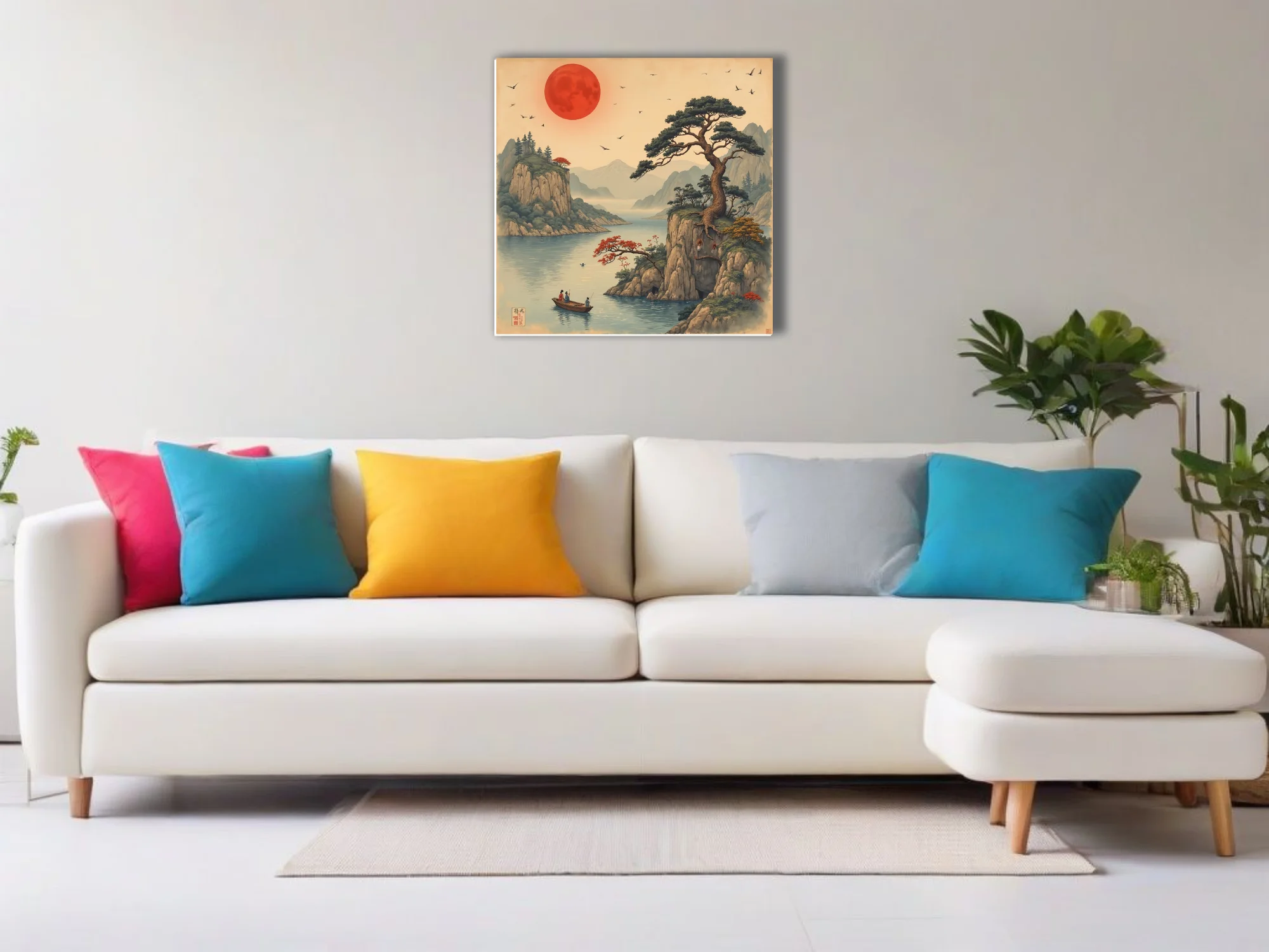 Ukiyo-e-style Japanese landscape with red celestial orb, pine, cliffs and figures in a boat