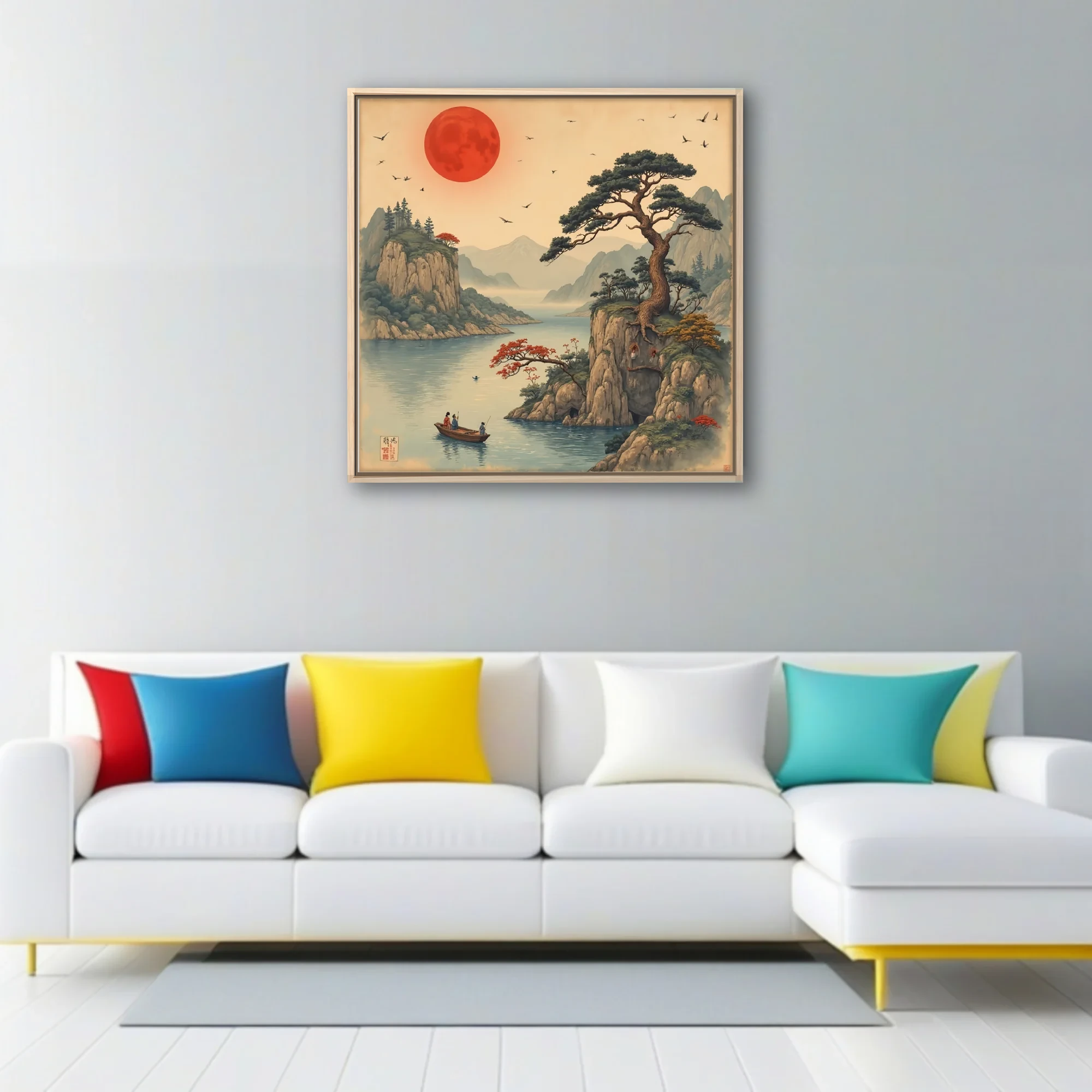Ukiyo-e-style Japanese landscape with red celestial orb, pine, cliffs and figures in a boat