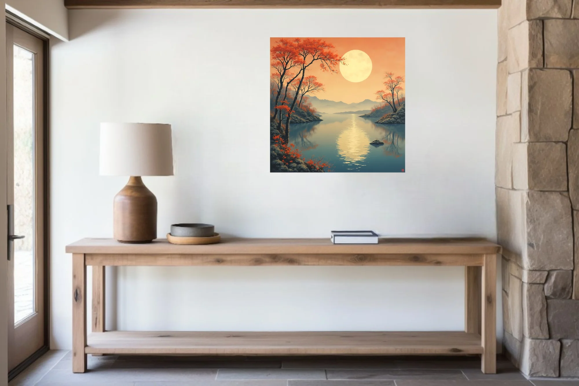 Japanese ink-wash autumn landscape with glowing moon, red foliage, and still lake
