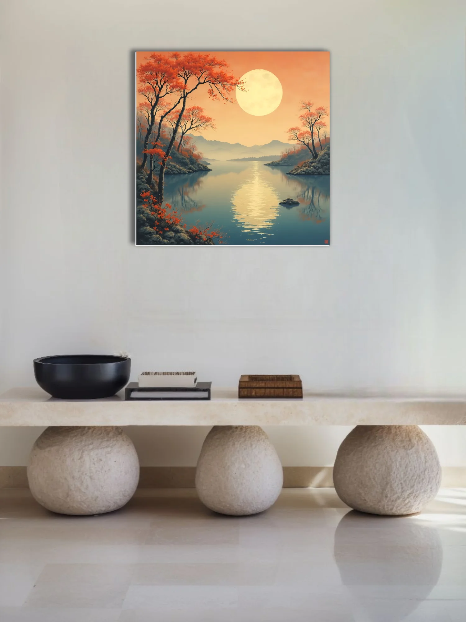 Japanese ink-wash autumn landscape with glowing moon, red foliage, and still lake