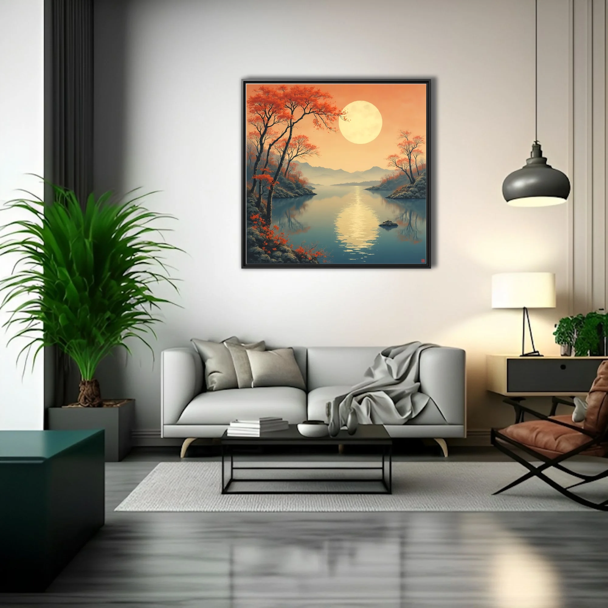 Japanese ink-wash autumn landscape with glowing moon, red foliage, and still lake