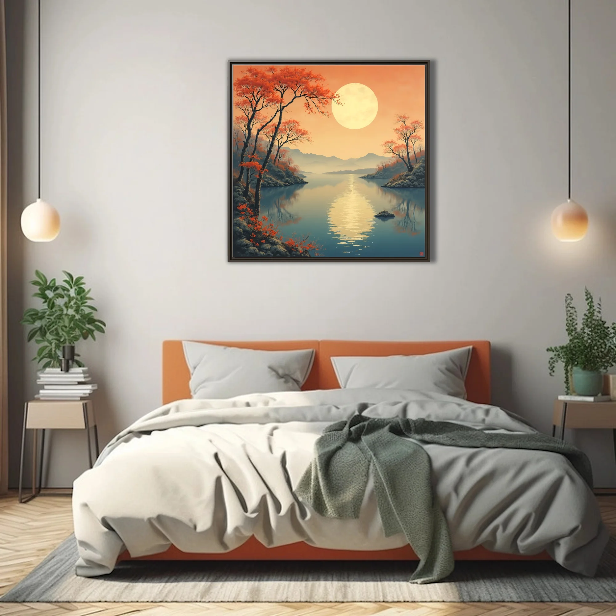 Japanese ink-wash autumn landscape with glowing moon, red foliage, and still lake