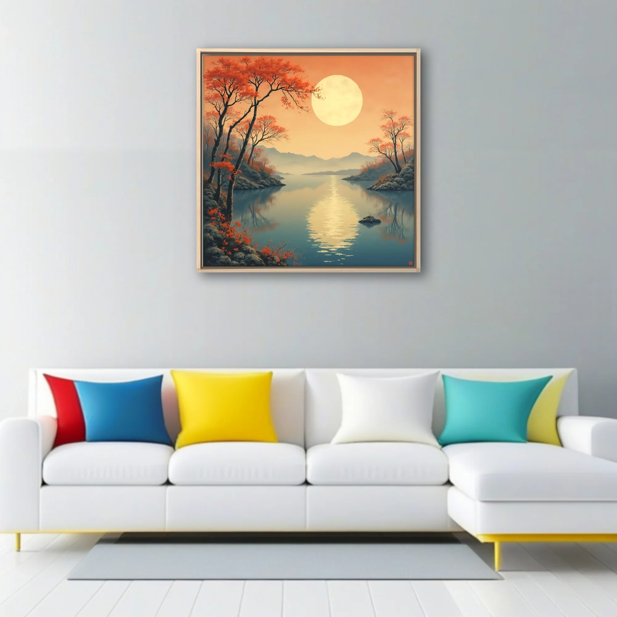 Japanese ink-wash autumn landscape with glowing moon, red foliage, and still lake