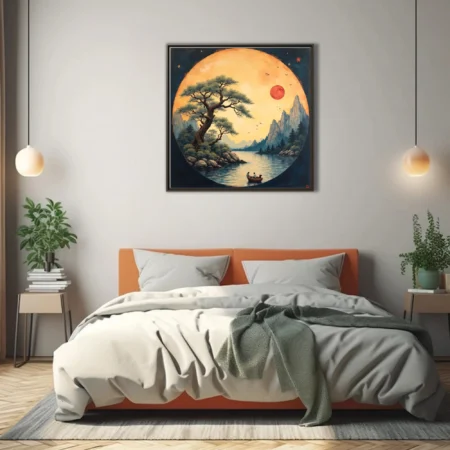 East Asian ink-style circular landscape, ancient tree, red celestial orb, mountain lake, warm amber tones