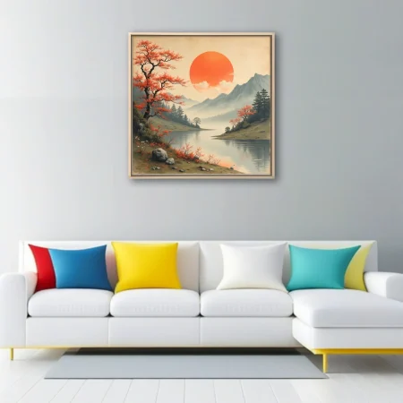 Japanese-style autumn landscape with red foliage, misty mountains, lake, and orange sun
