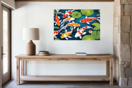 Flat graphic koi fish illustration, red orange and white on teal with lily pads