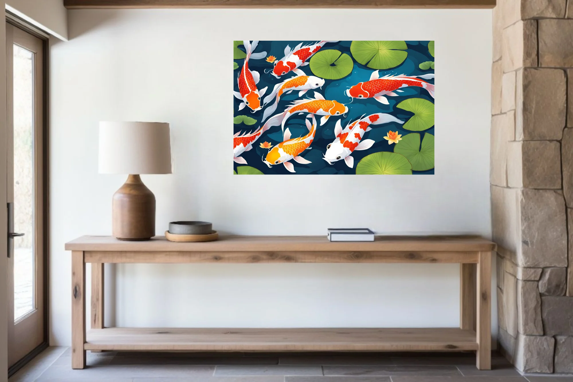 Flat graphic koi fish illustration, red orange and white on teal with lily pads
