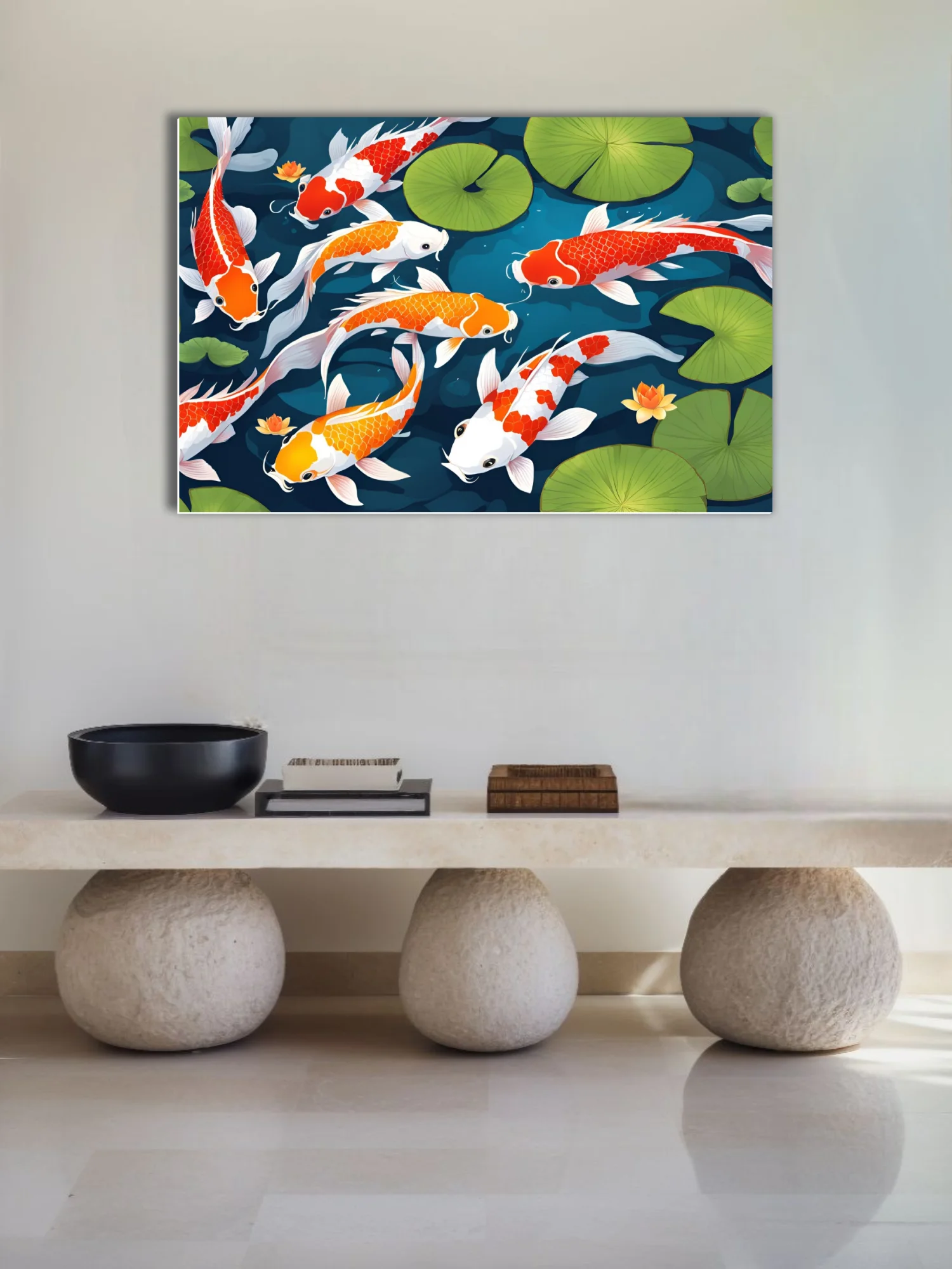 Flat graphic koi fish illustration, red orange and white on teal with lily pads