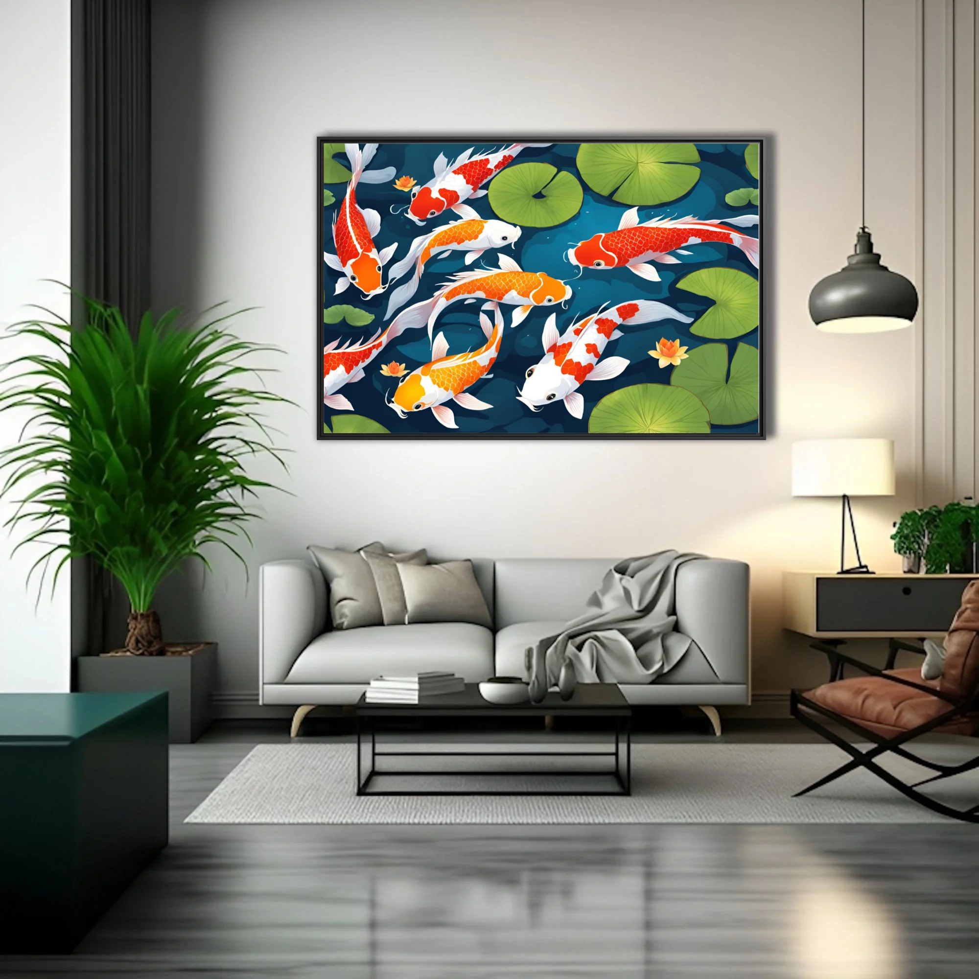 Flat graphic koi fish illustration, red orange and white on teal with lily pads
