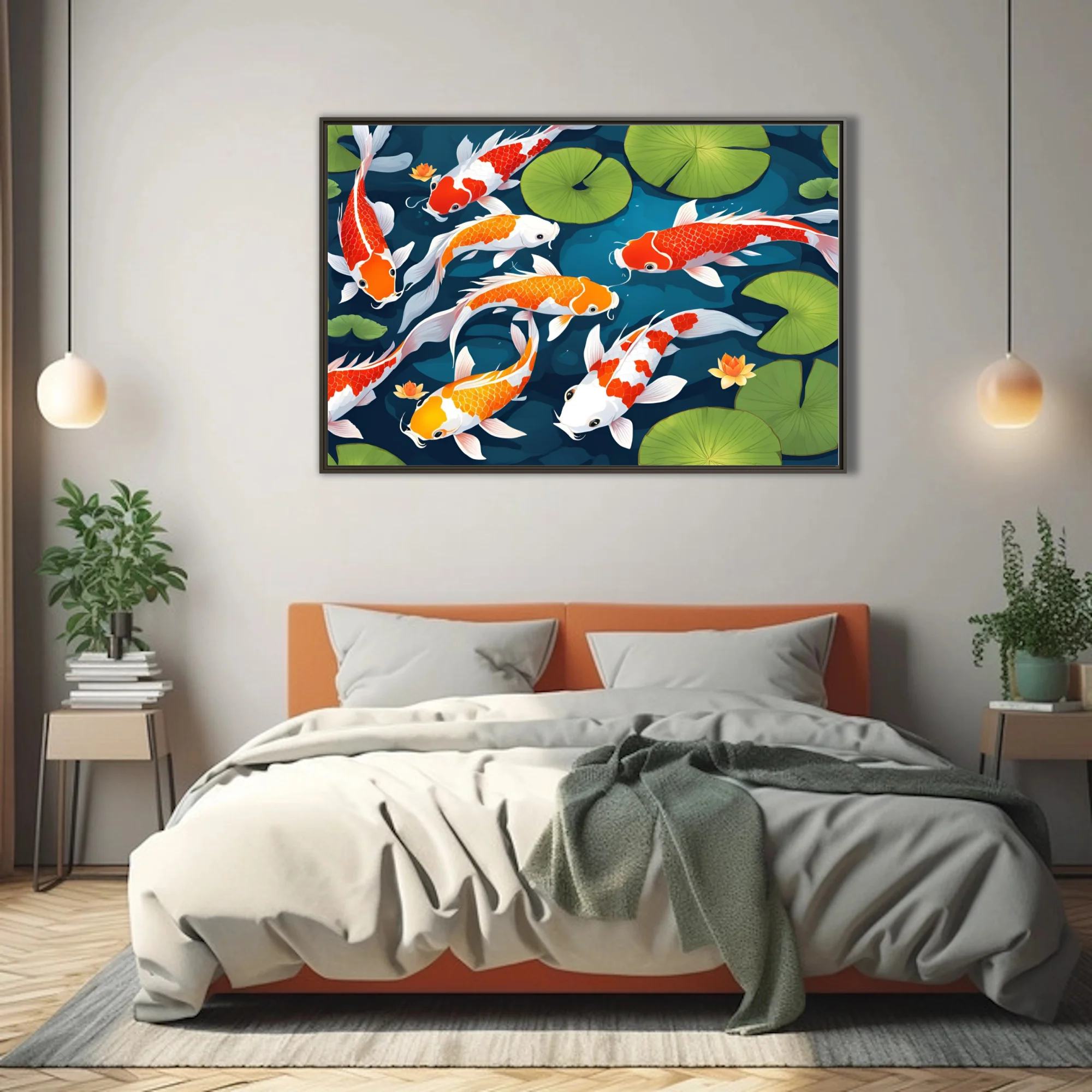 Flat graphic koi fish illustration, red orange and white on teal with lily pads