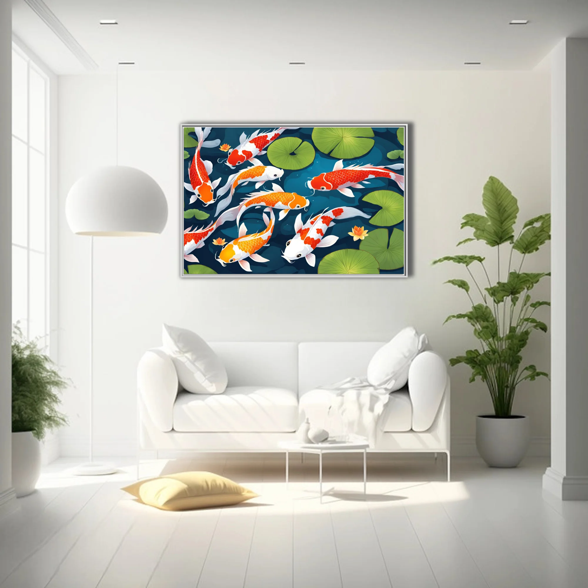 Flat graphic koi fish illustration, red orange and white on teal with lily pads