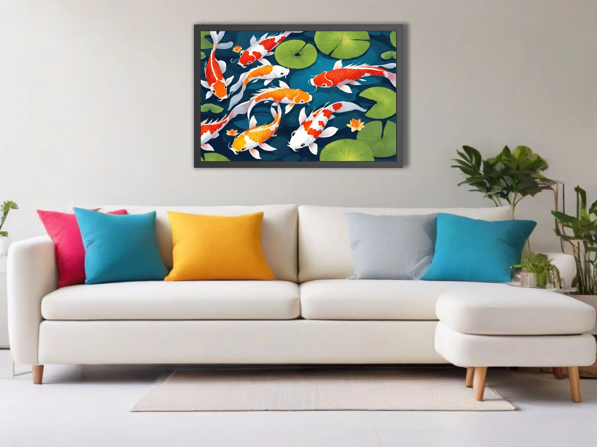 Flat graphic koi fish illustration, red orange and white on teal with lily pads