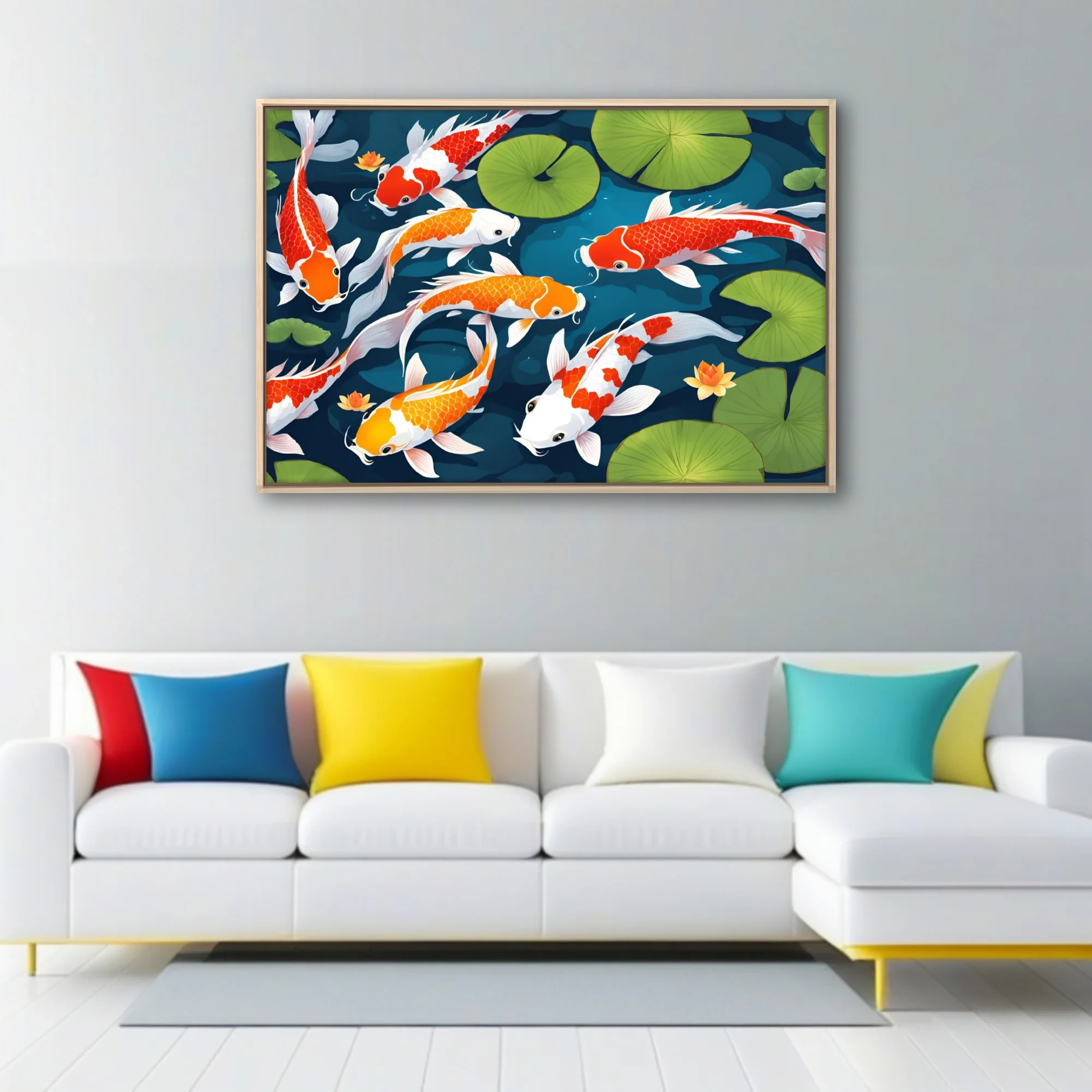 Flat graphic koi fish illustration, red orange and white on teal with lily pads