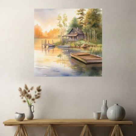 Watercolor-style lake cabin scene with golden sunrise tones and calm water reflections
