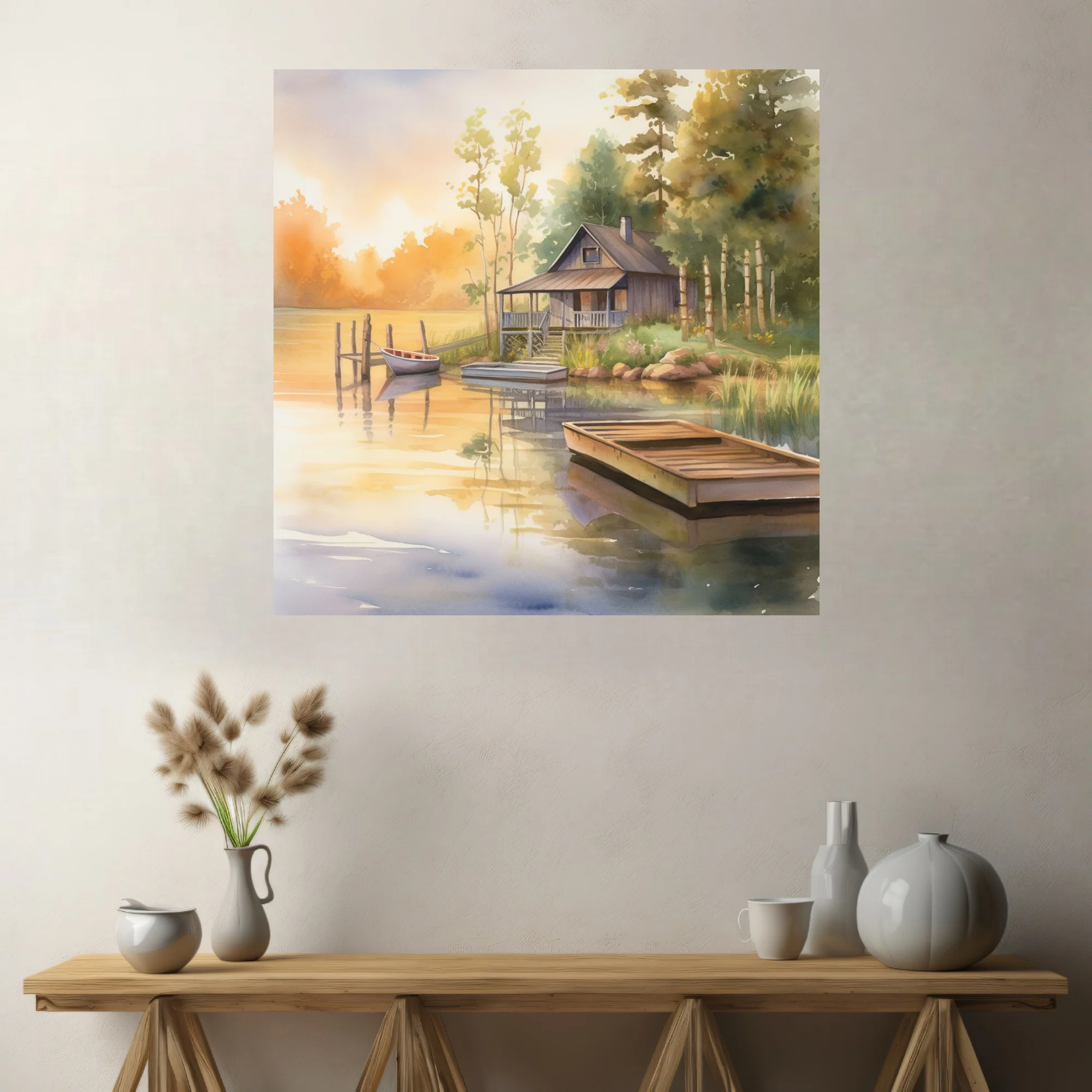 Watercolor-style lake cabin scene with golden sunrise tones and calm water reflections