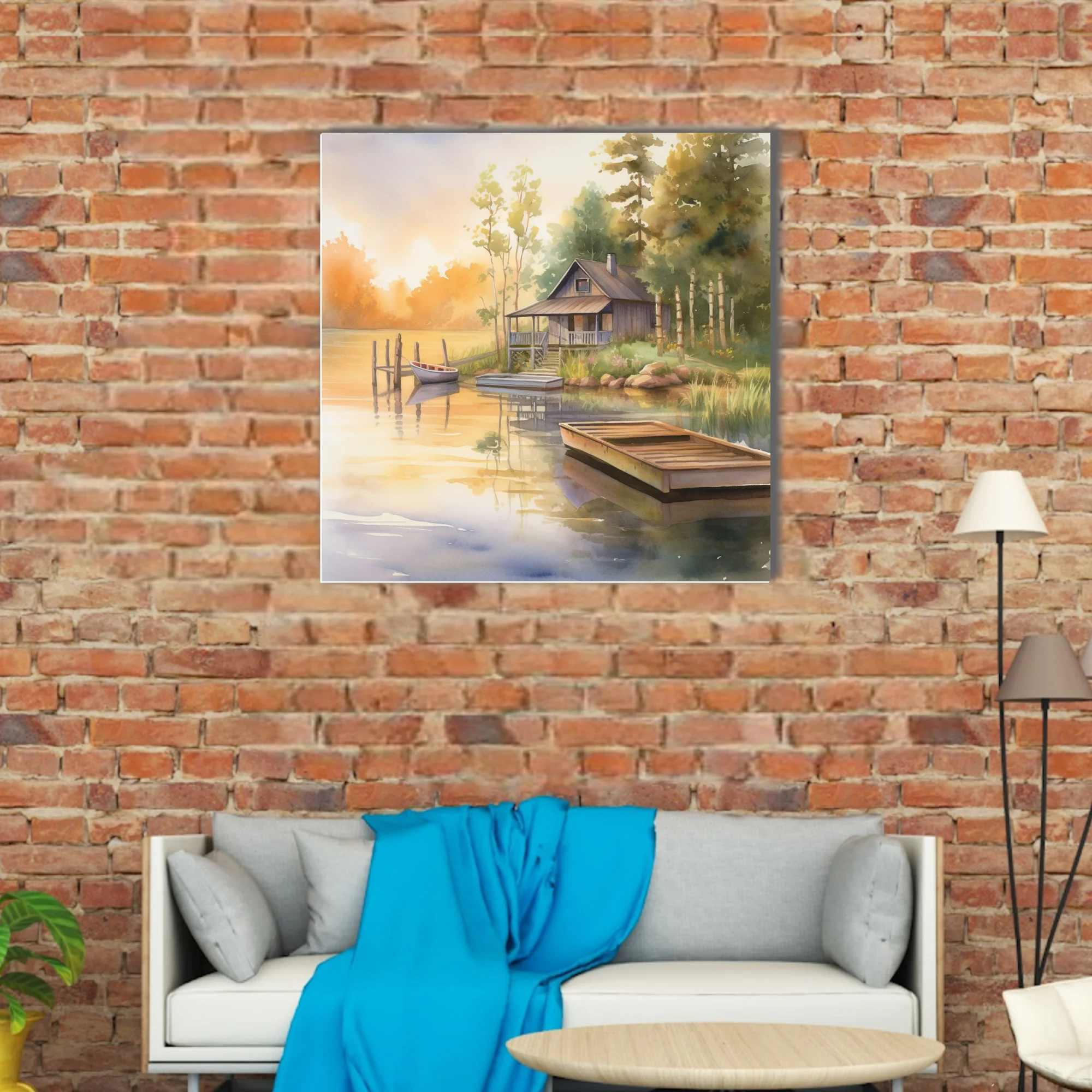 Watercolor-style lake cabin scene with golden sunrise tones and calm water reflections