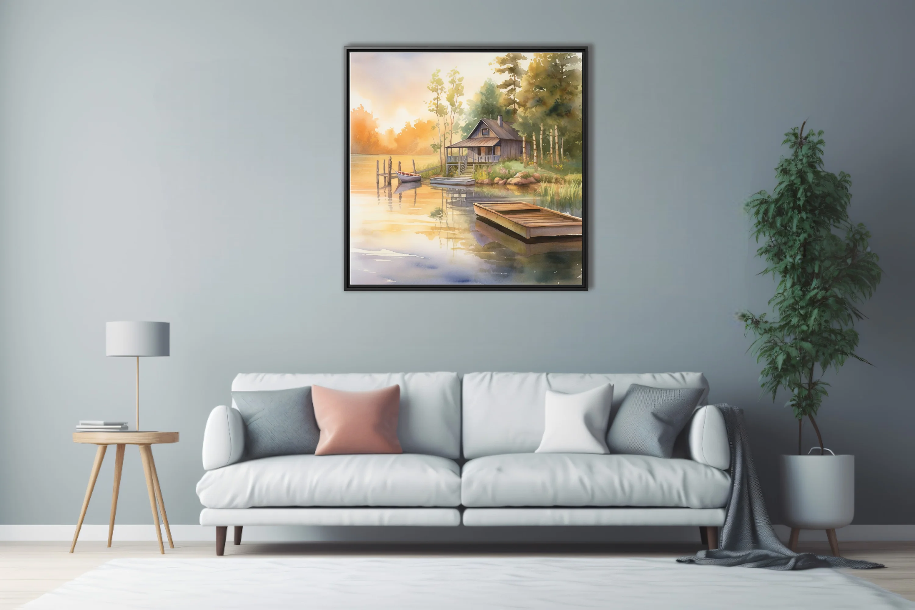 Watercolor-style lake cabin scene with golden sunrise tones and calm water reflections