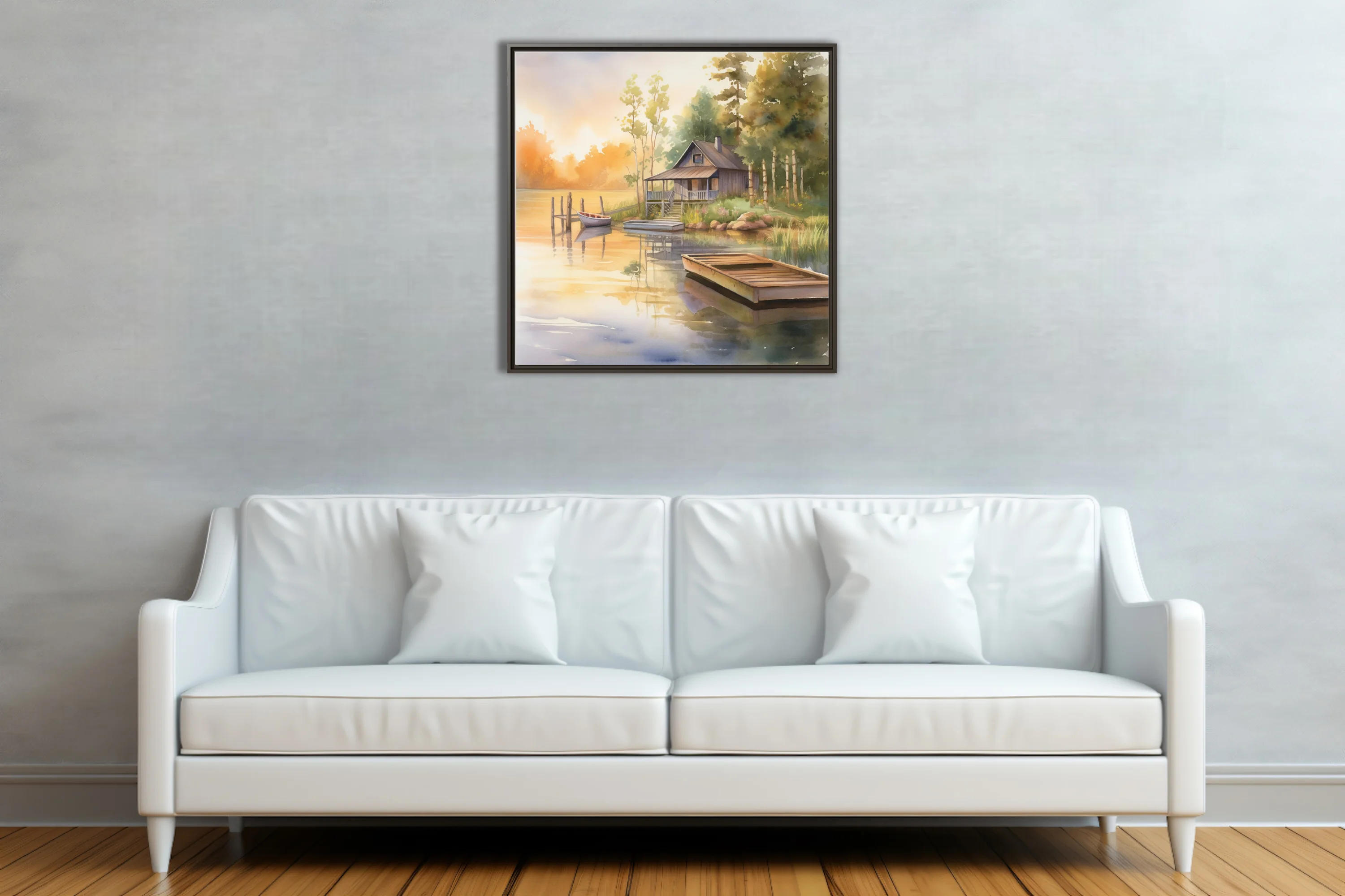 Watercolor-style lake cabin scene with golden sunrise tones and calm water reflections