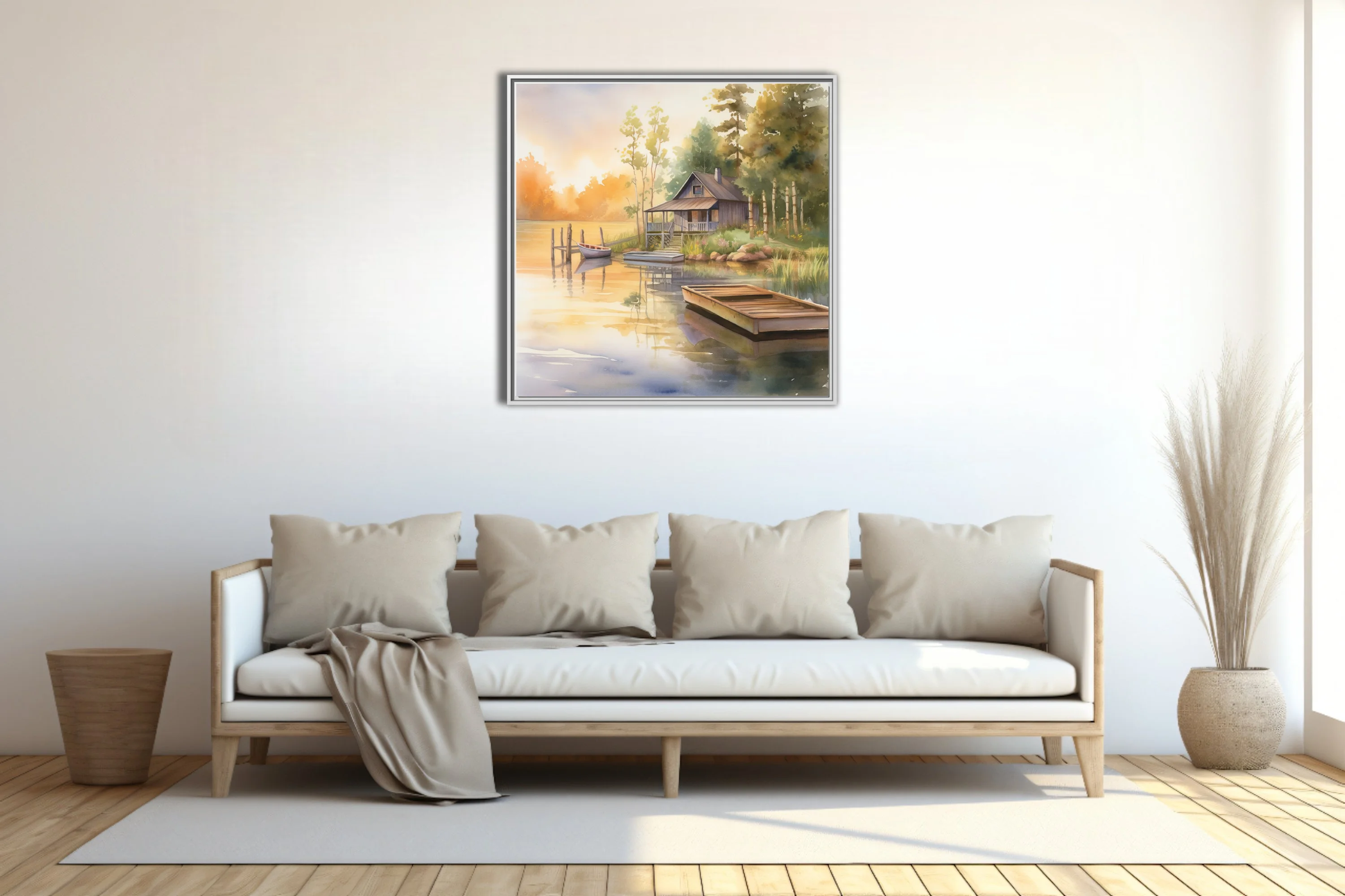 Watercolor-style lake cabin scene with golden sunrise tones and calm water reflections