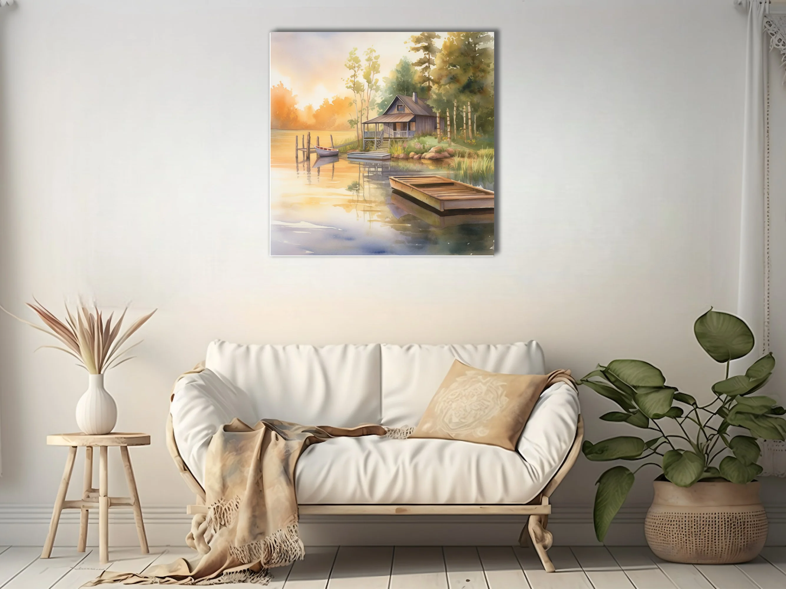 Watercolor-style lake cabin scene with golden sunrise tones and calm water reflections