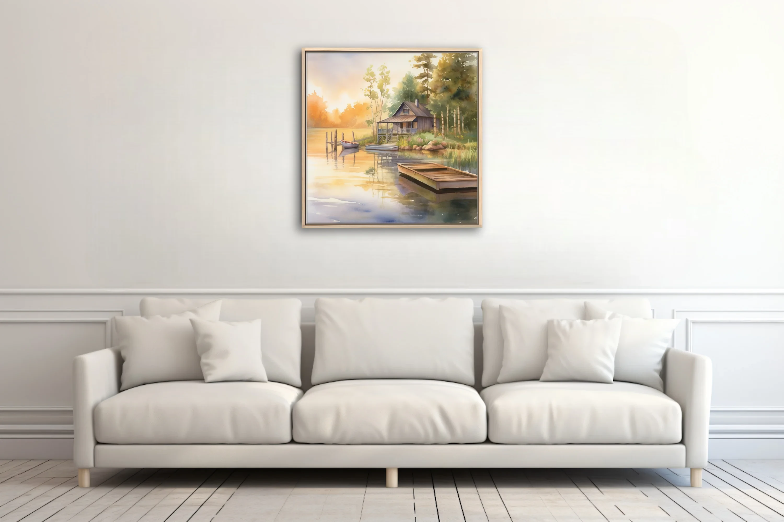 Watercolor-style lake cabin scene with golden sunrise tones and calm water reflections