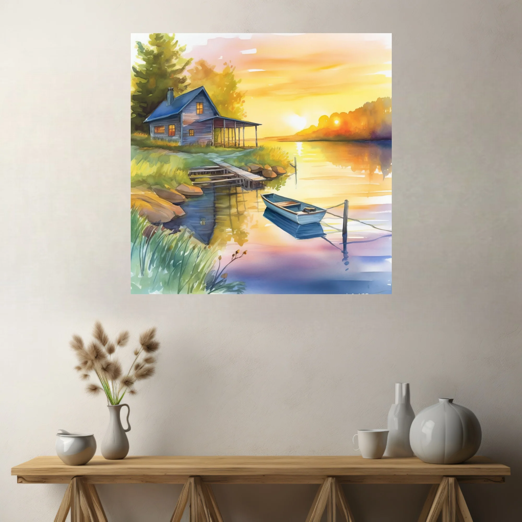 Watercolor-style sunset lake scene with cabin, moored boat, and golden reflections