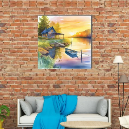 Watercolor-style sunset lake scene with cabin, moored boat, and golden reflections