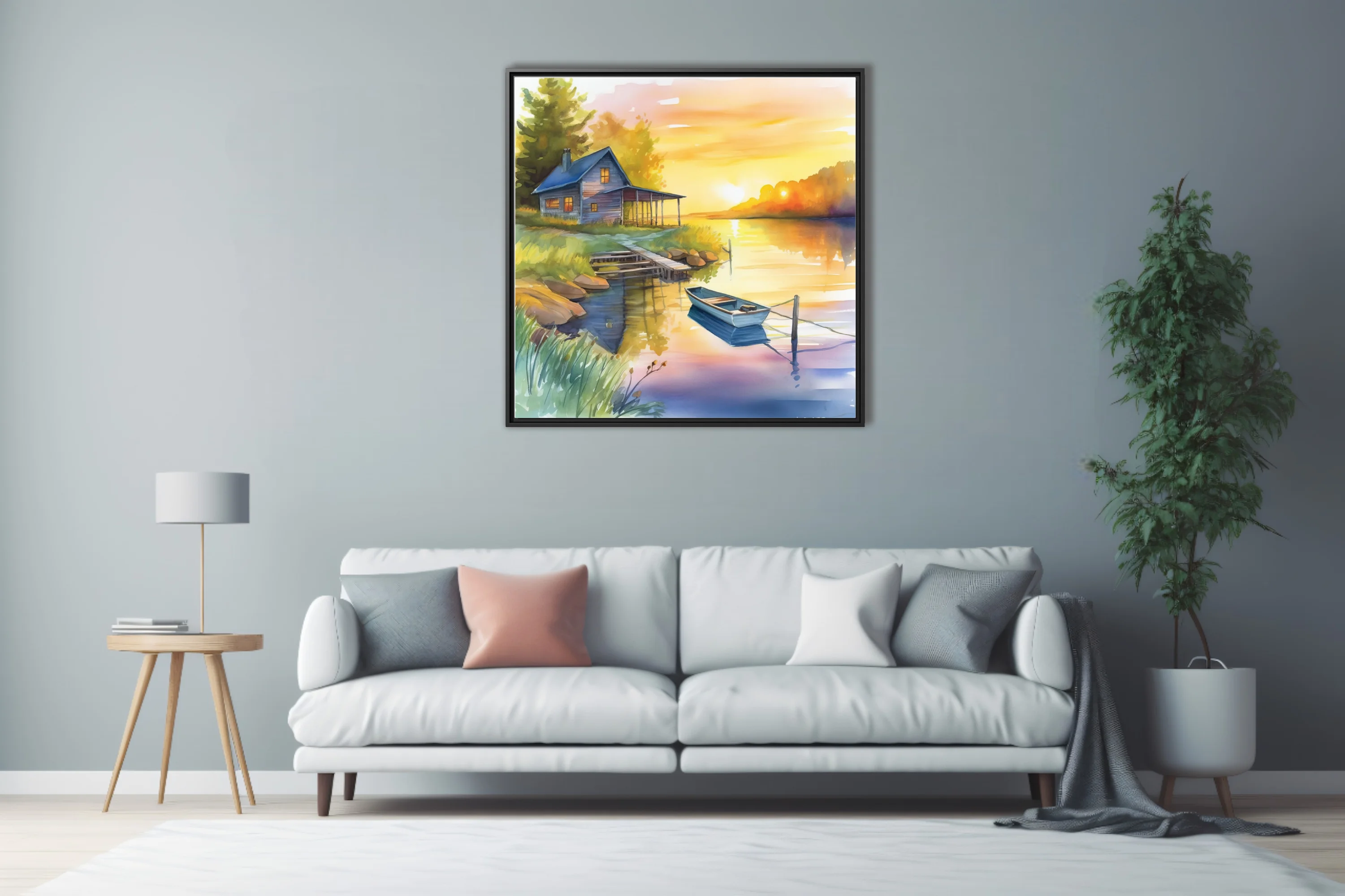Watercolor-style sunset lake scene with cabin, moored boat, and golden reflections
