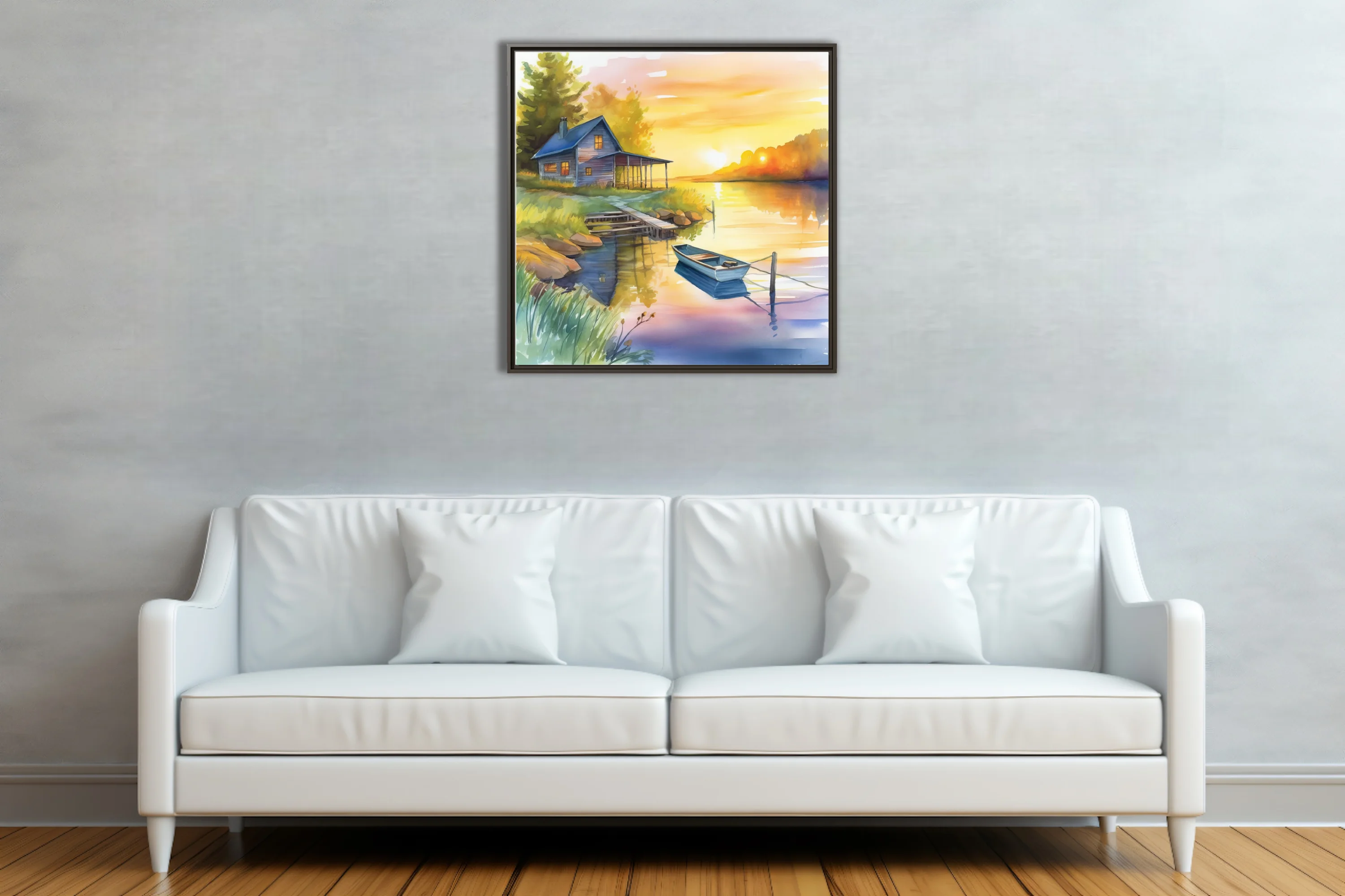 Watercolor-style sunset lake scene with cabin, moored boat, and golden reflections