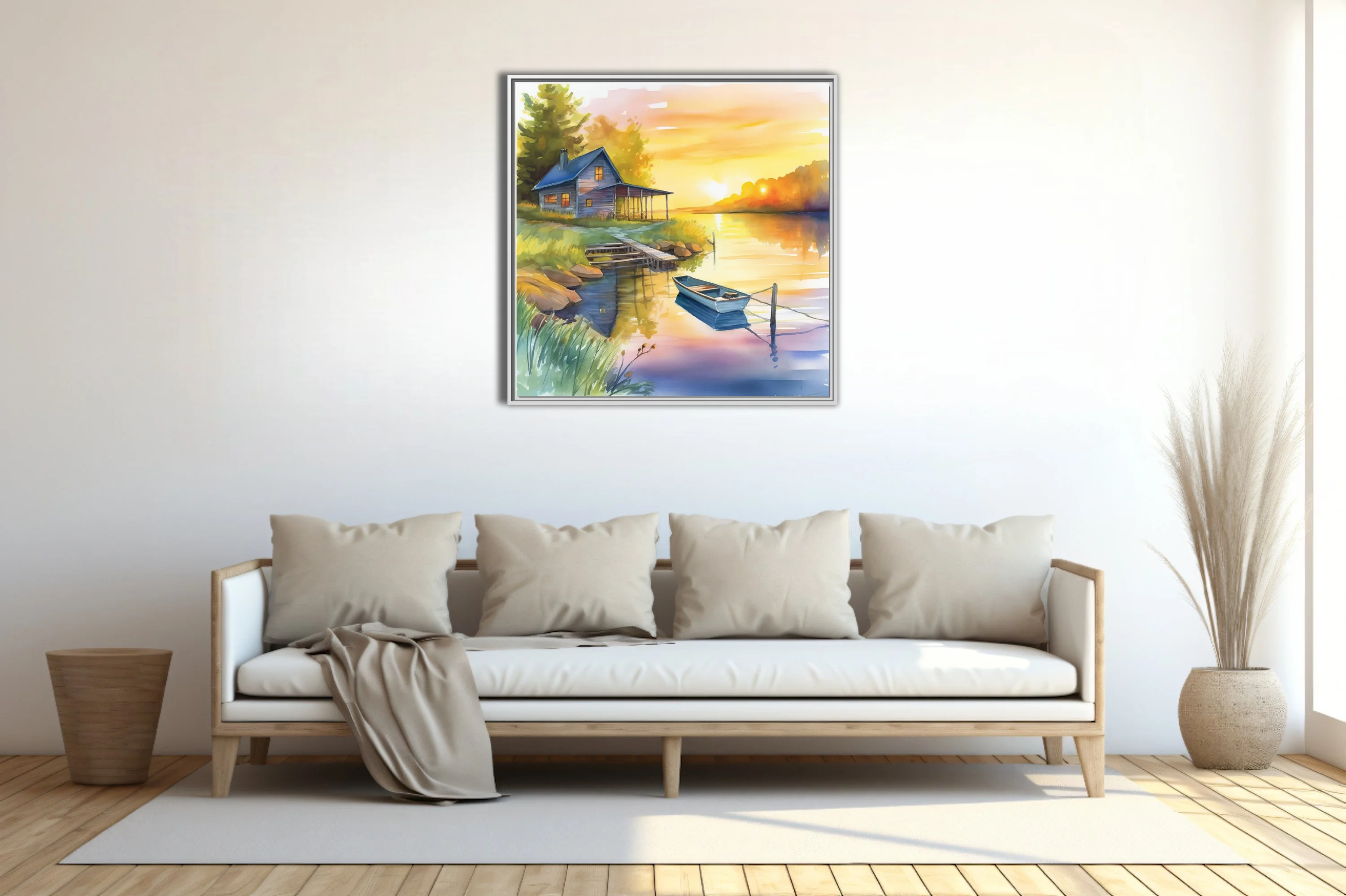 Watercolor-style sunset lake scene with cabin, moored boat, and golden reflections