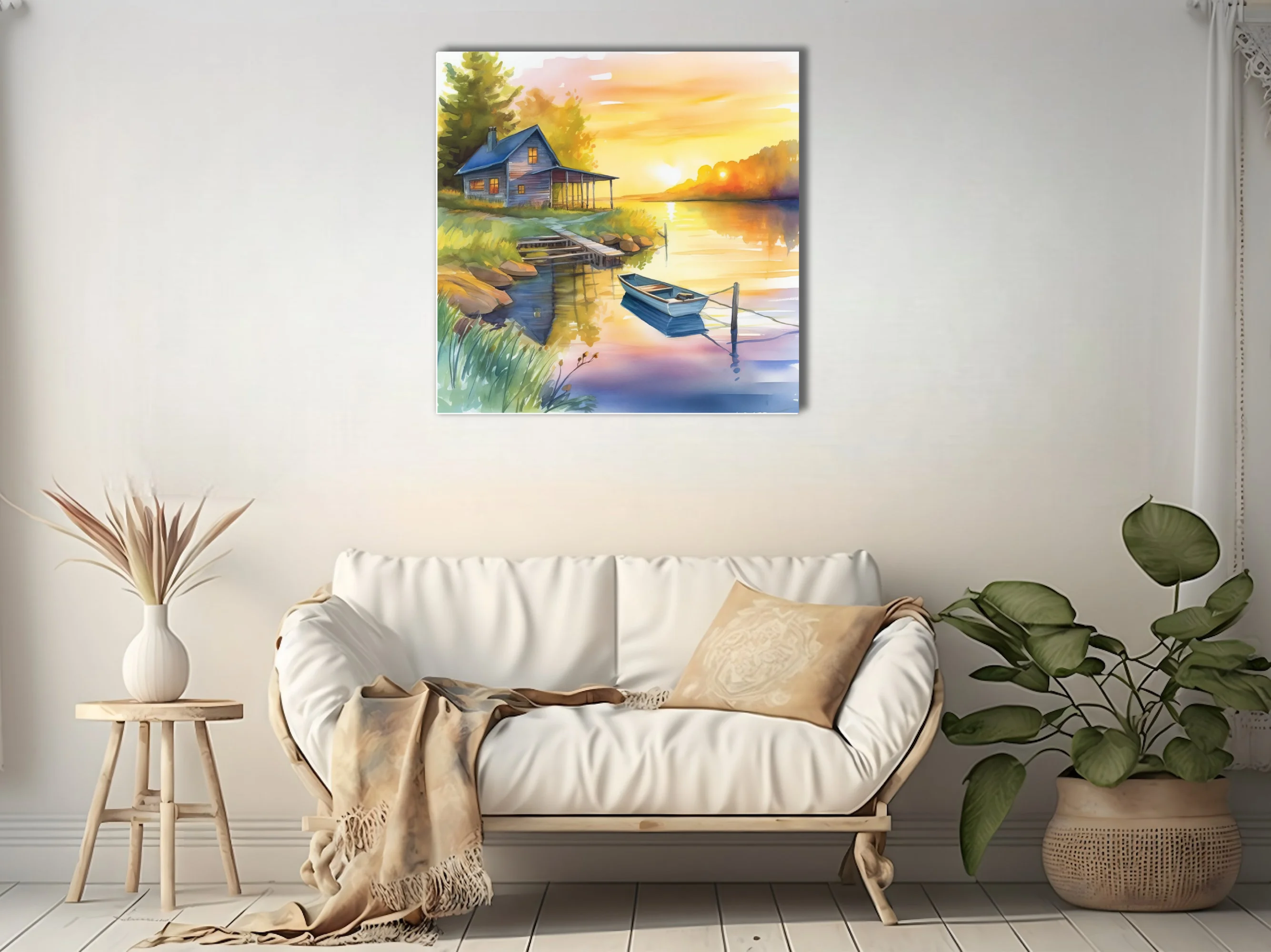 Watercolor-style sunset lake scene with cabin, moored boat, and golden reflections