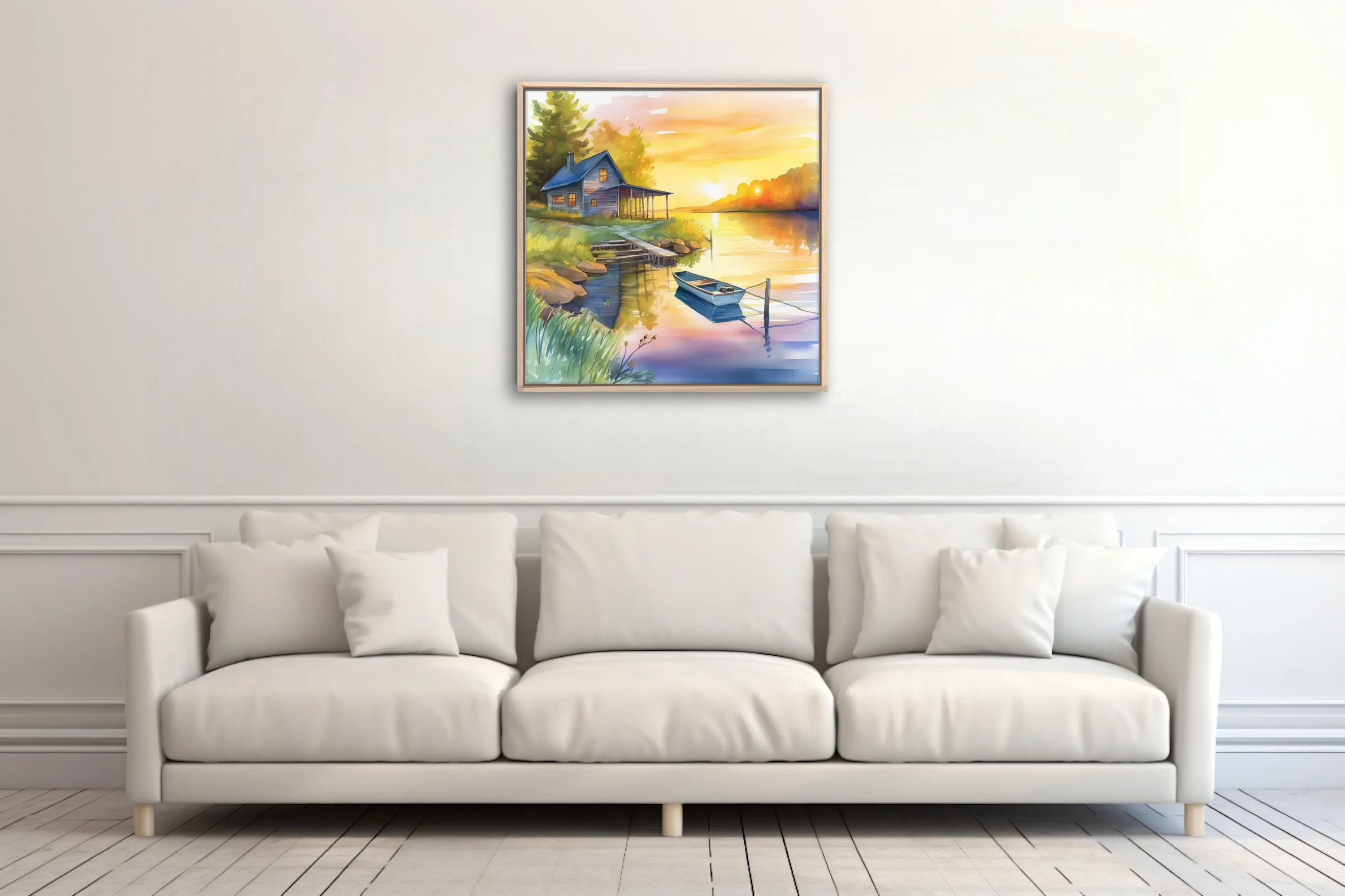 Watercolor-style sunset lake scene with cabin, moored boat, and golden reflections