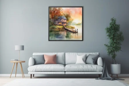 Watercolor-style autumn lake cabin with glowing porch and wooden dock at dusk