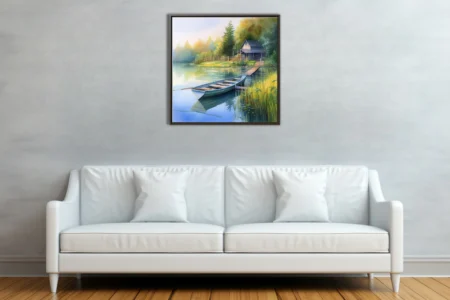 Watercolor-style lakeside scene with rowboat, dock, cabin, and misty forest in warm greens