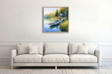 Watercolor-style lakeside scene with rowboat, dock, cabin, and misty forest in warm greens